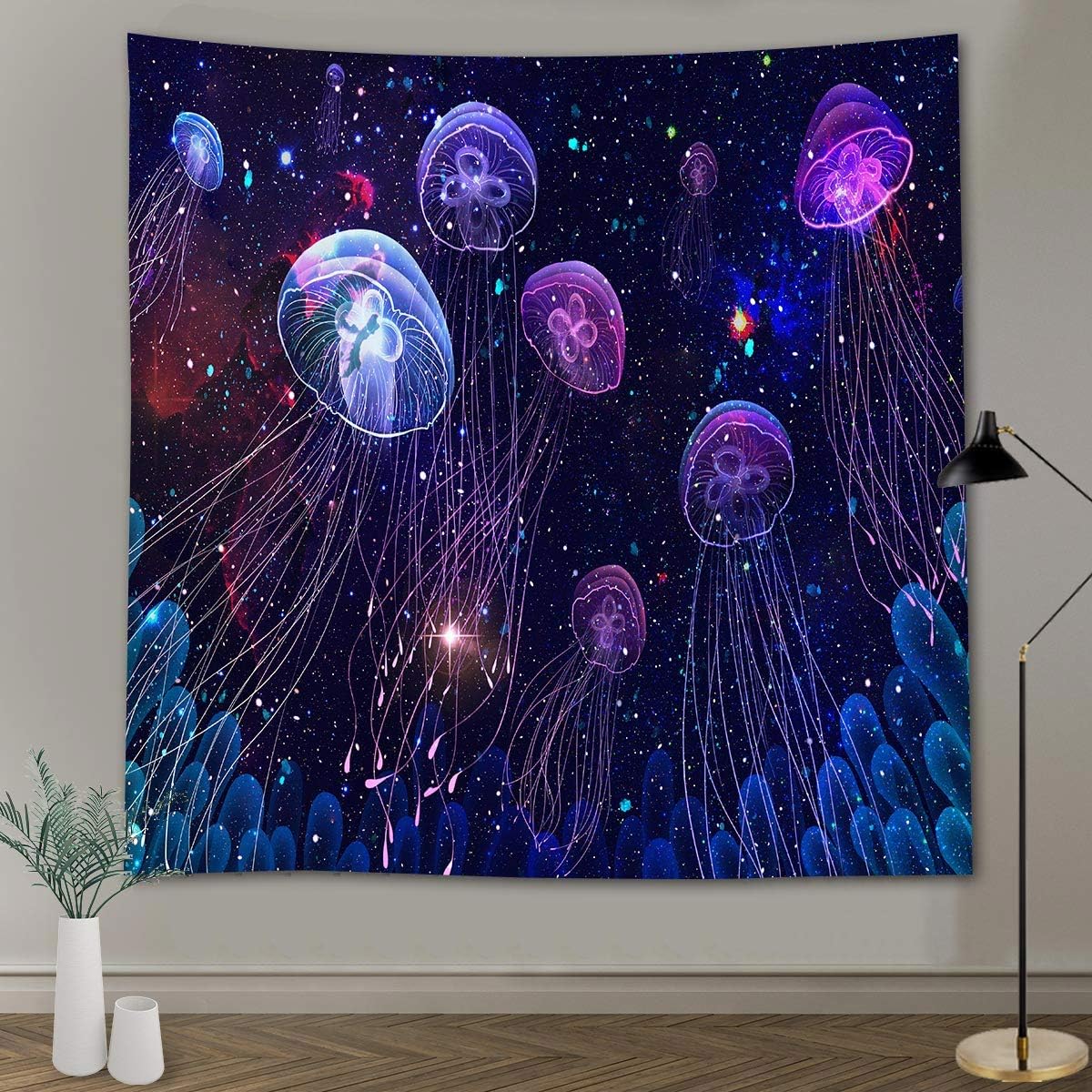 - FEASRT Jellyfish Tapestry 60x60 Inch Psychedelic Underwater Ocean Wall Hanging Purple Glowing Jellyfish Space Starry Sky Wall Decor for Bedroom Living Room Dorm Home Decor