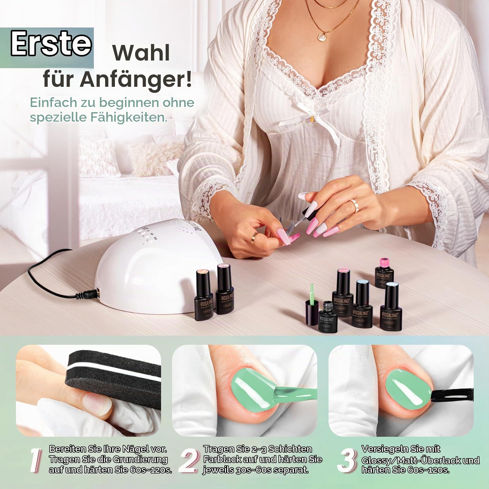 ROSALIND UV Nagellack Set mit UV Lampe, 44+4 Stück Gelnägel Starterset mit Nagelfräser Rosa Violett Grün Rot Braun Blau Gel Nagellack Gelnägel Elektrische Nagelfeile Nageldesign-Set für Maniküre