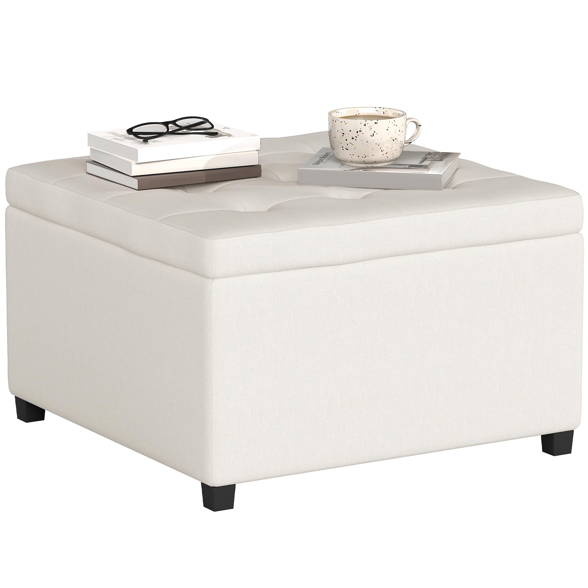 HOMCOM Storage Ottoman Coffee Table with Flip Top Seat Lid, Tufted Upholstered Footstool with Wood Frame for Living Room, Entryway, Bedroom, Beige