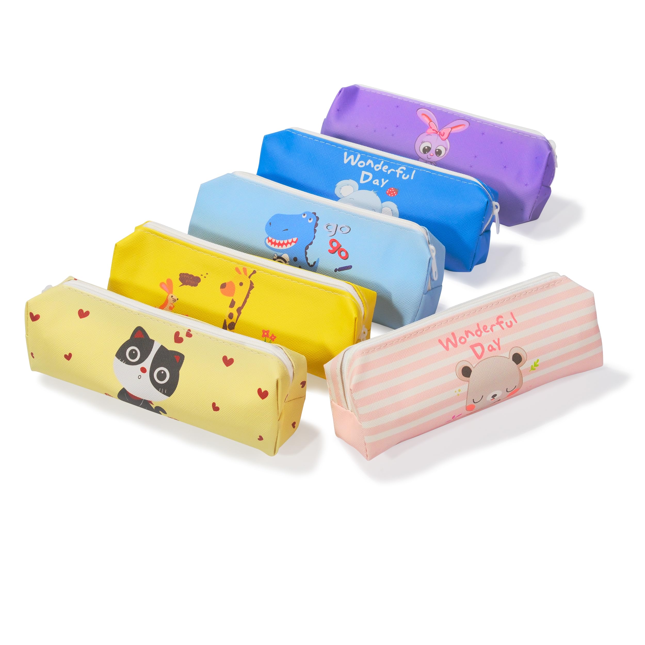 FINEMOE Polyurethane Set of 6 Assorted Kids Pencil Pouches, Perfect Birthday Return Gifts for Kids, Pouch for Girls, Boys, Unique Designs with Zip Closure, Essential for Classrooms & Events