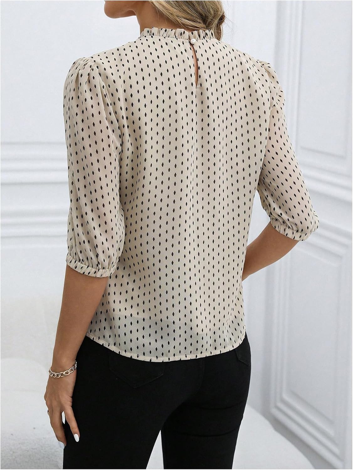 Milumia Women's Polka Dots Half Puff Sleeve Blouse Button Mock Neck Pleated Dressy Work Casual Tops - Image 2