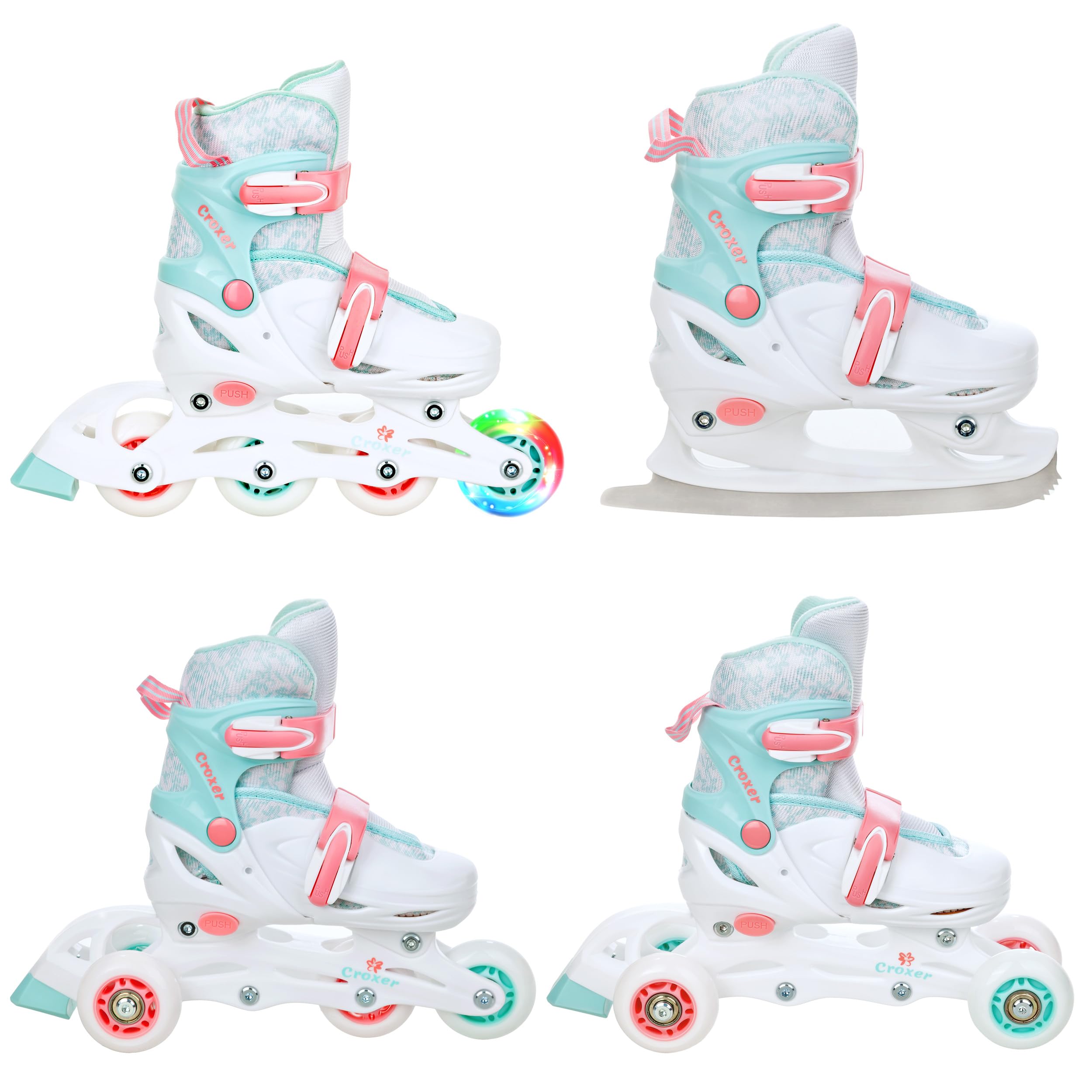 4in1 Inlineskates/Triskates/Rollschuhe/Schlittschuhe mit LED Leuchtrad verstellbar