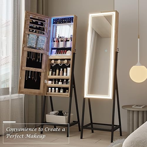 Miniatura 5 de Vlsrka Mirror Jewelry Cabinet Standing with LED, Jewelry Mirror Full Length with Built-in Makeup Mirror & Lights, Large Mirror with Jewelry Storage