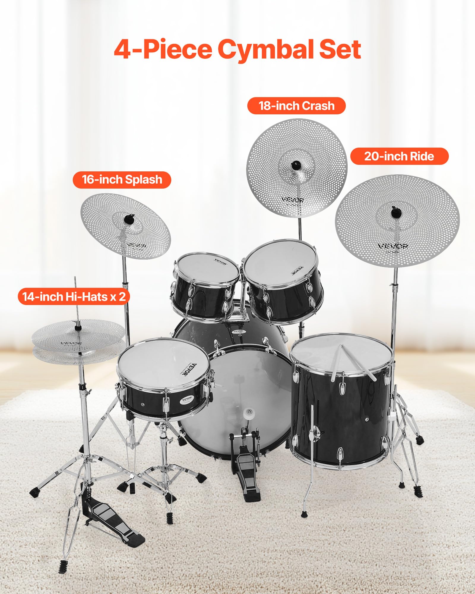 VEVOR Pacchetto Piatti Batteria, 4 Pezzi Silenziosi Lega, Hi-Hat 350 mm, Crash 400 e 455 mm, Ride 505 mm, Bacchette e Borsa, Rame Lucido