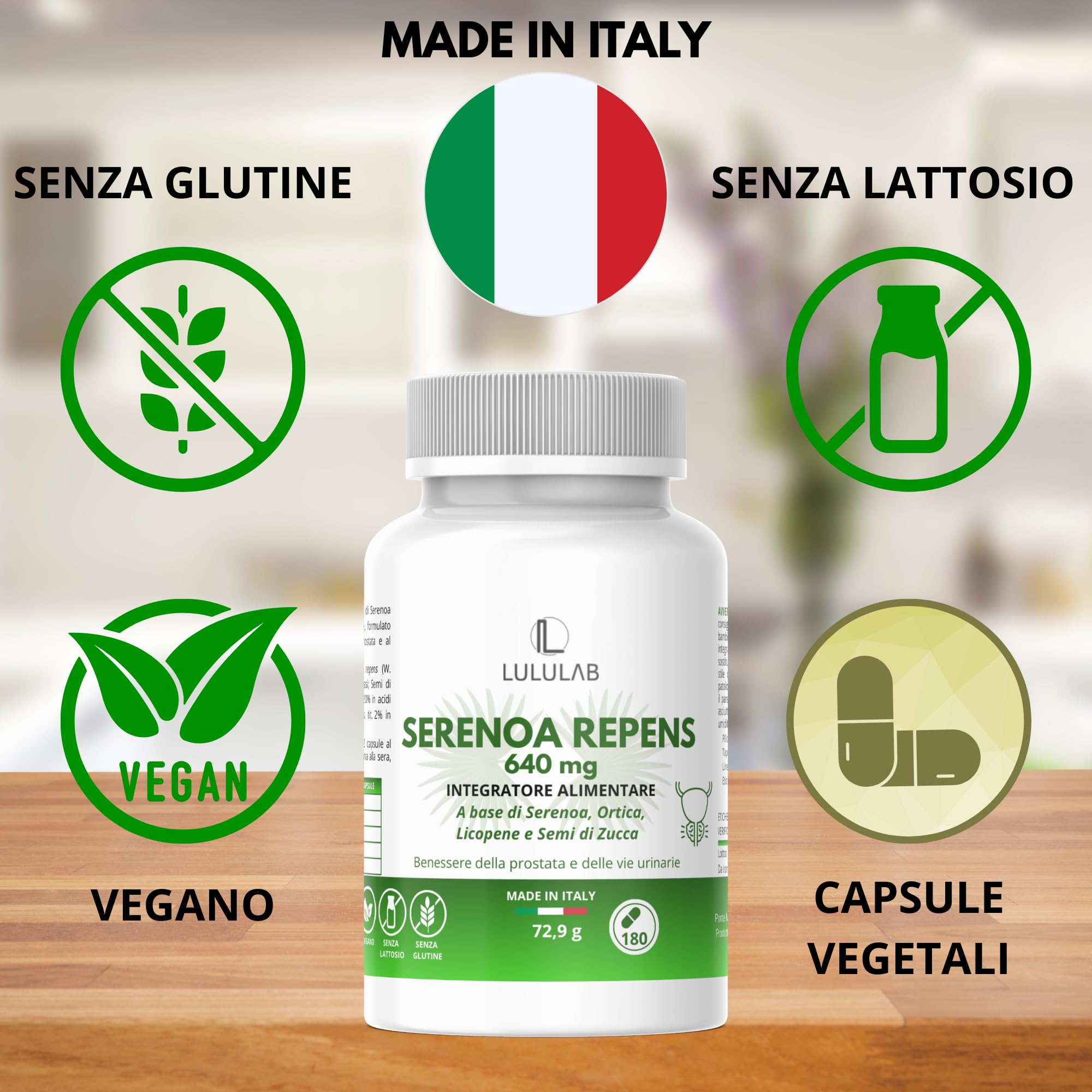 Serenoa Repens Prostata 640 mg per dose giornaliera – Saw Palmetto con Semi di Zucca, Ortica e Licopene – Prostata Integratore Supporto Benessere Maschile – 180 Capsule – Made in Italy – Lululab®
