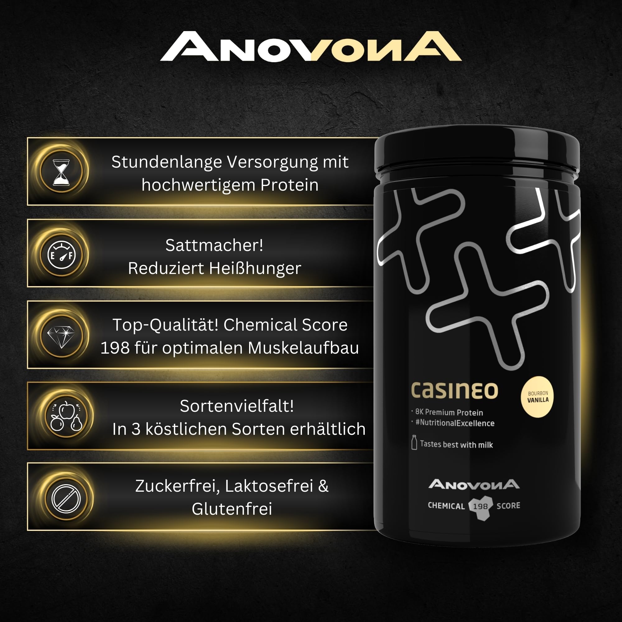 Anovona casineo 8K Protein Pulver: Langanhaltende Sättigung & Muskelaufbau – Casein Protein mit höchster biologischer Wertigkeit– Ideal für Regeneration & Muskelproteinsynthese – Bourbon Vanille, 450g
