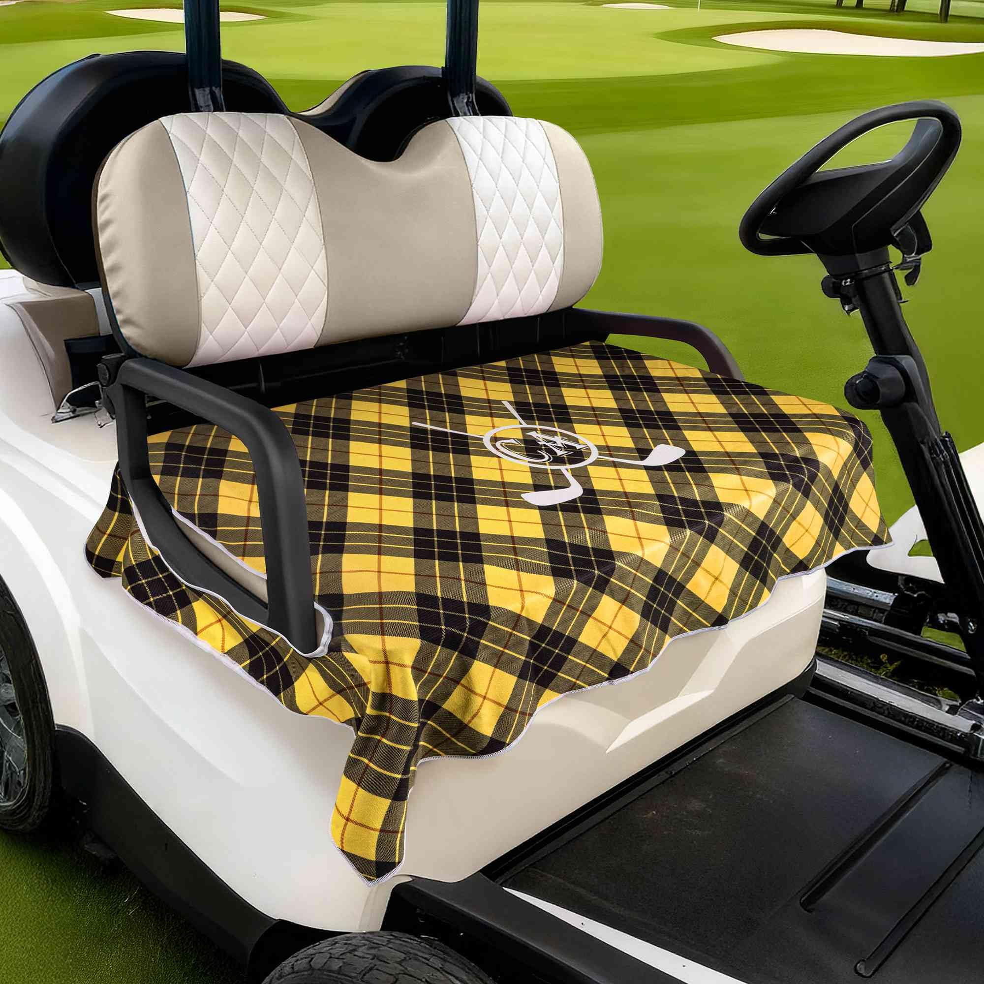 Personalisierter Golfschläger-Kranz-Sitzbezug im Karomuster für Golfwagen mit Namen und Initialen –Individuelle Sitzbezüge für Golfwagen, Golfplatz-Zubehör, für Golfer und Country Clubs 130 cm × 80 cm