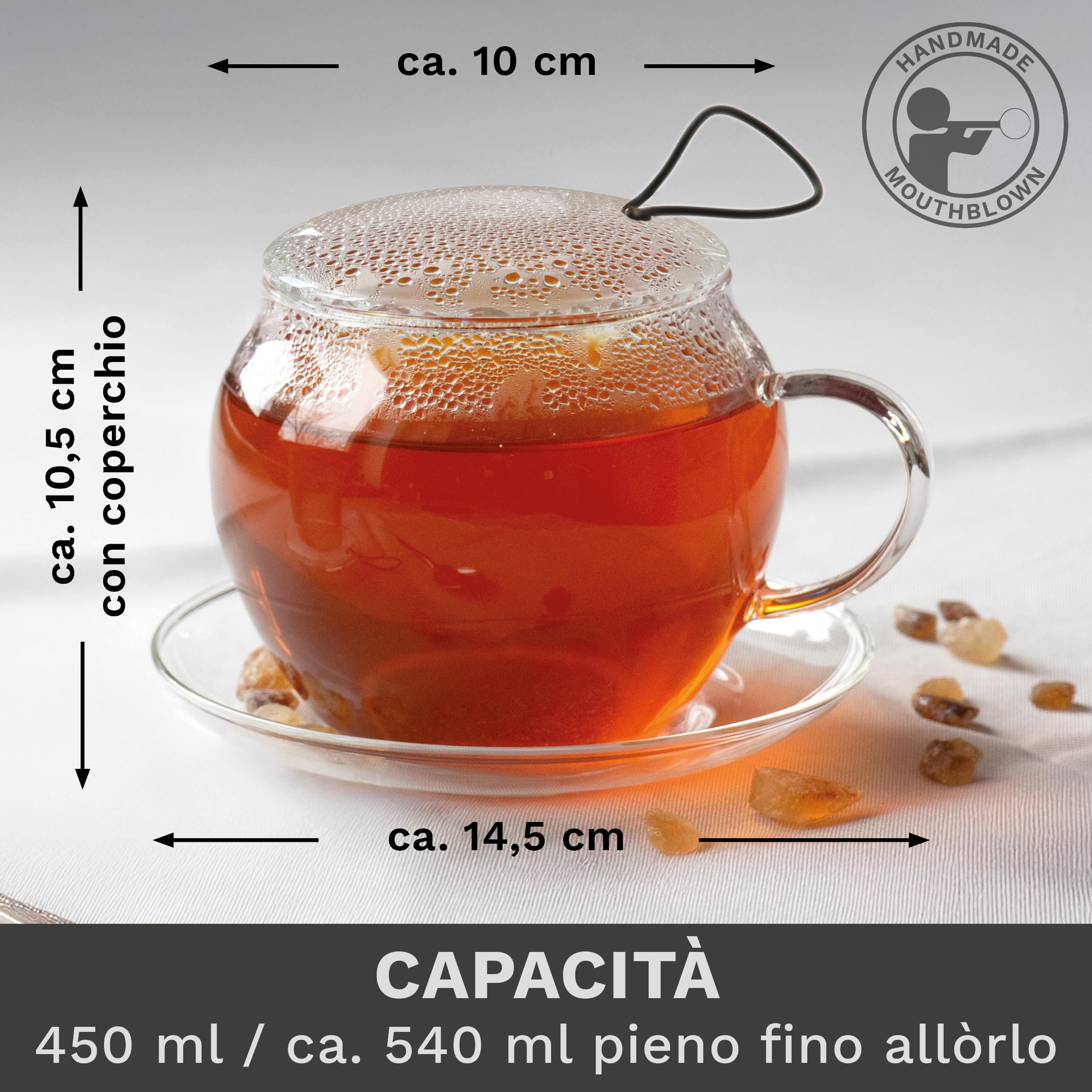 Creano Tazza da tè JUMBO in Vetro con Manico e Filtro Integrato in Acciaio Inox, Coperchio in vetro e Piattino | 450ml