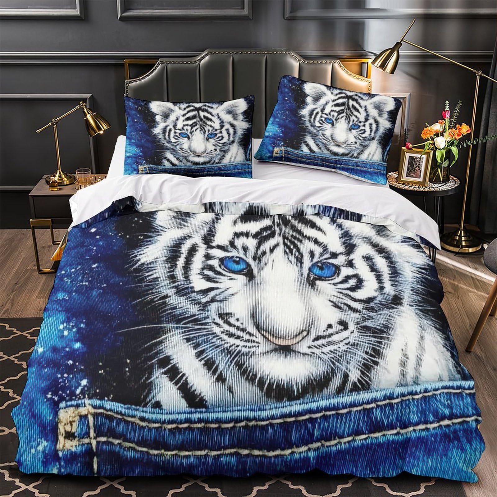Parure de lit imprimé 3D luxe en microfibre douce motif petits tigres blancs