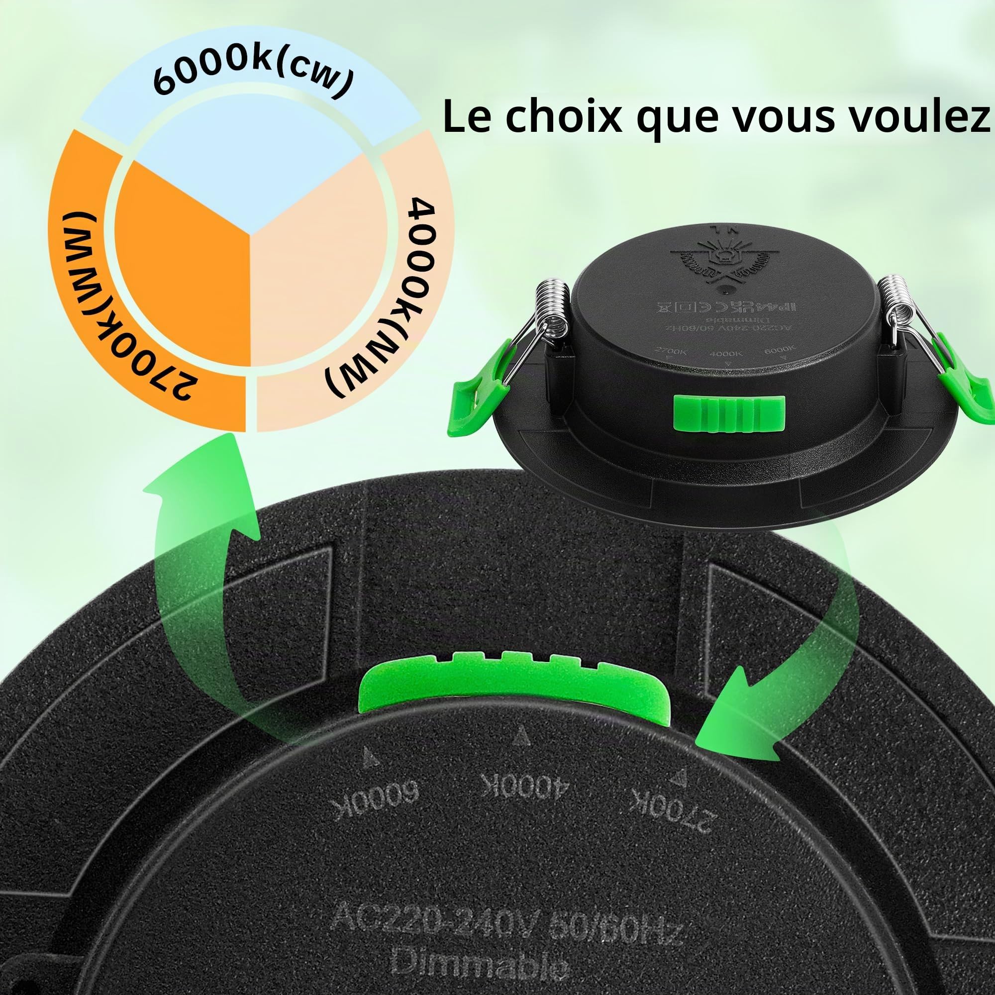 Spot LED Encastrable Dimmable Noir - IP44 Spots de plafond extra plats - 6W, 2700K/4000K/6000K, éclairage LED pour salle de bain, salon et cuisine, Ø 75-90mm, Lot de 6