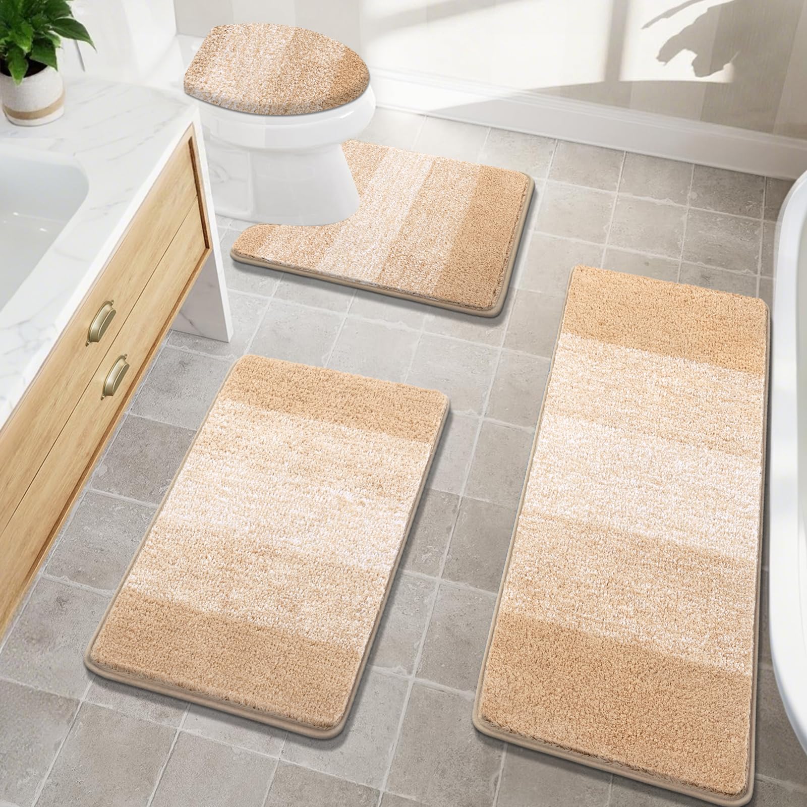 Bsmathom Bathroom Rugs Sets 4 Piece, Soft Absorbent Microfiber Bath Rugs with U-Shaped Contour Toilet Rug and Toilet Lid Cover, Thick Non-Slip Plush