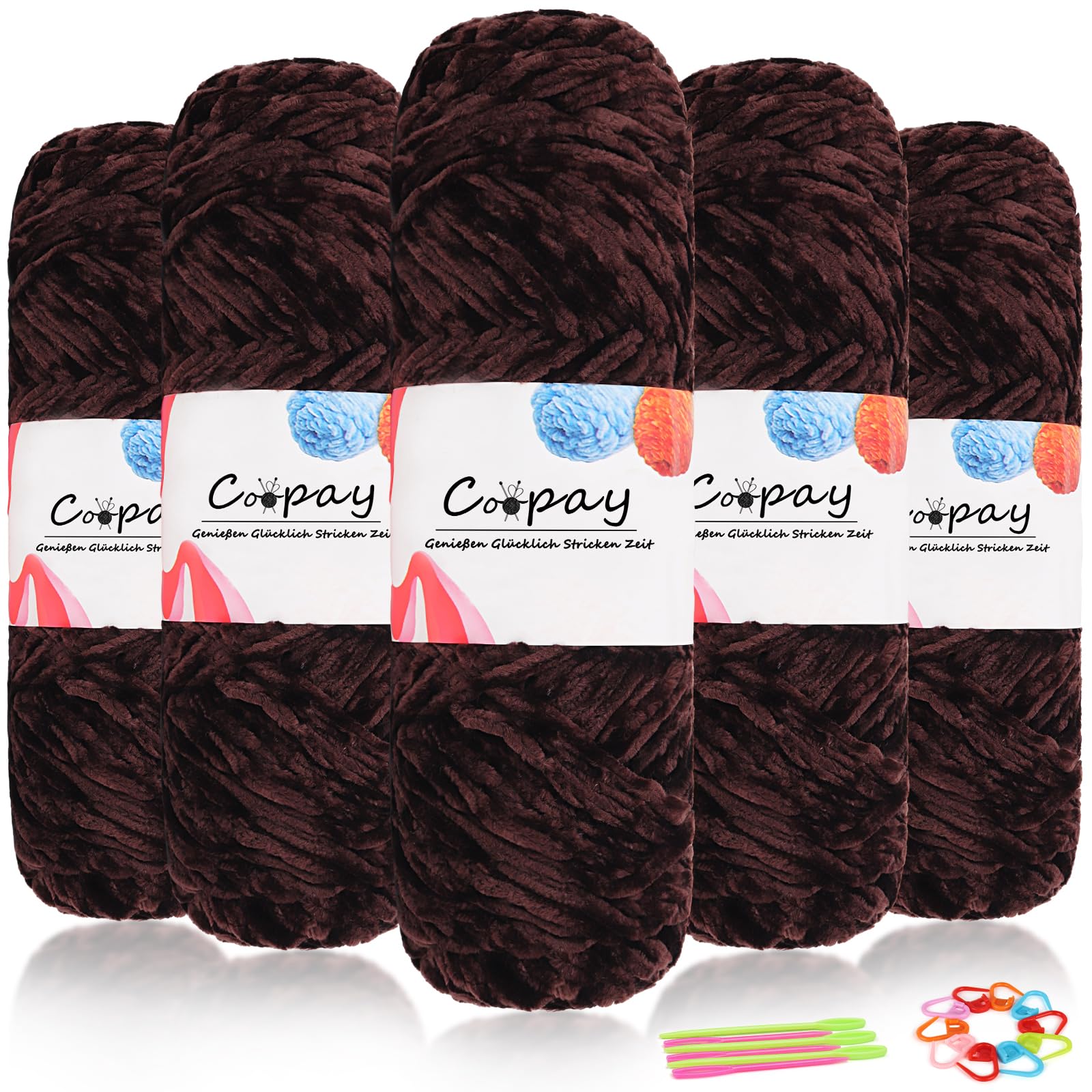 Coopay Samt Chenille Wolle zum Häkeln, 500g (5x100g) Velvet Chenillegarn, Dicke Wolle zum Stricken, Flauschige Weiche Samtig Chenillewolle mit Häkelzubehör für Schals, Decken - Kaffee