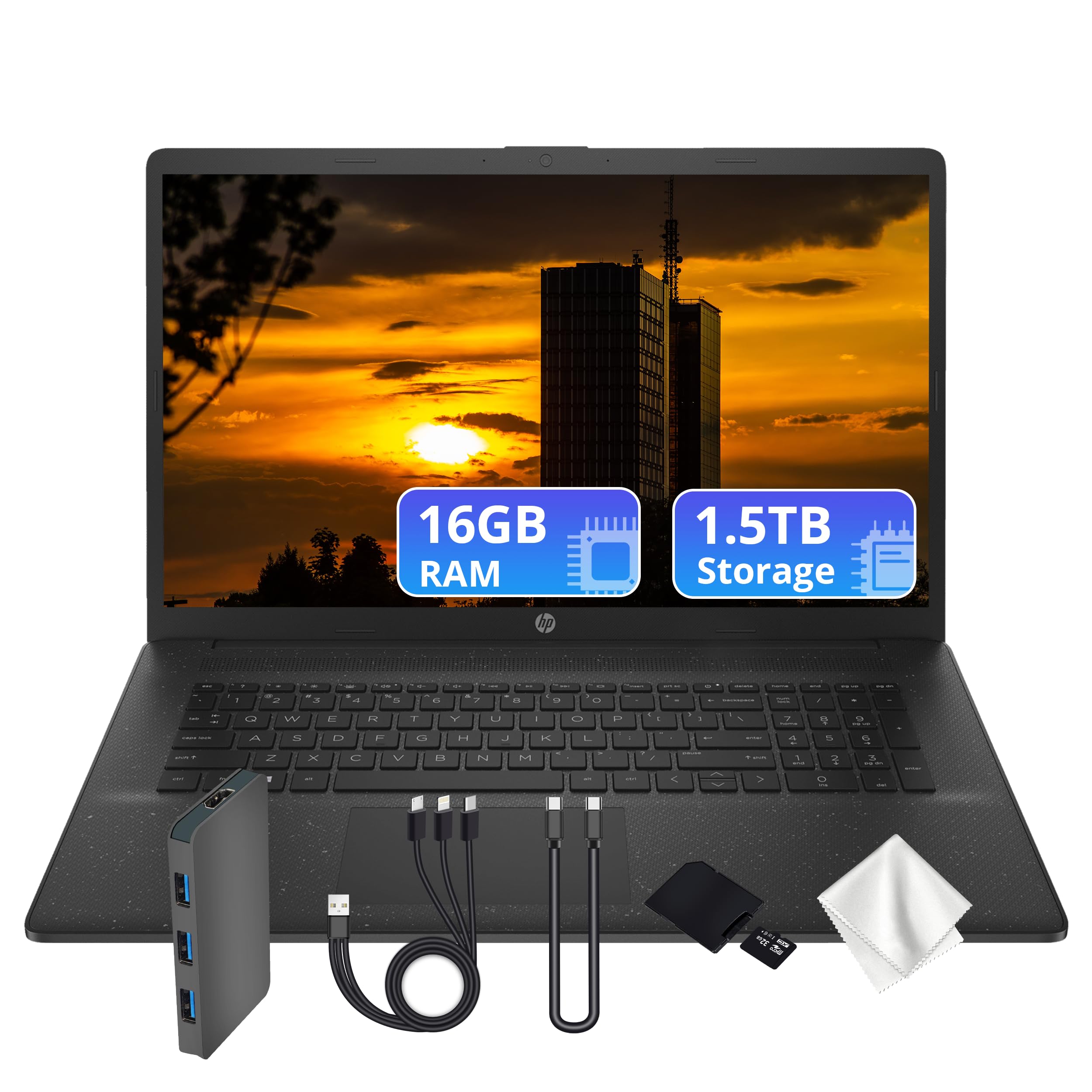 17.3" HD+ Business Laptop, Intel Core i7-1255U, Iris Xe Graphics, 16GB RAM, 1.5TB Storage (512TB PCIe SSD&1TB Docking Station Set), Full Size Keyboard, 720p Camera, Win 11, Black
