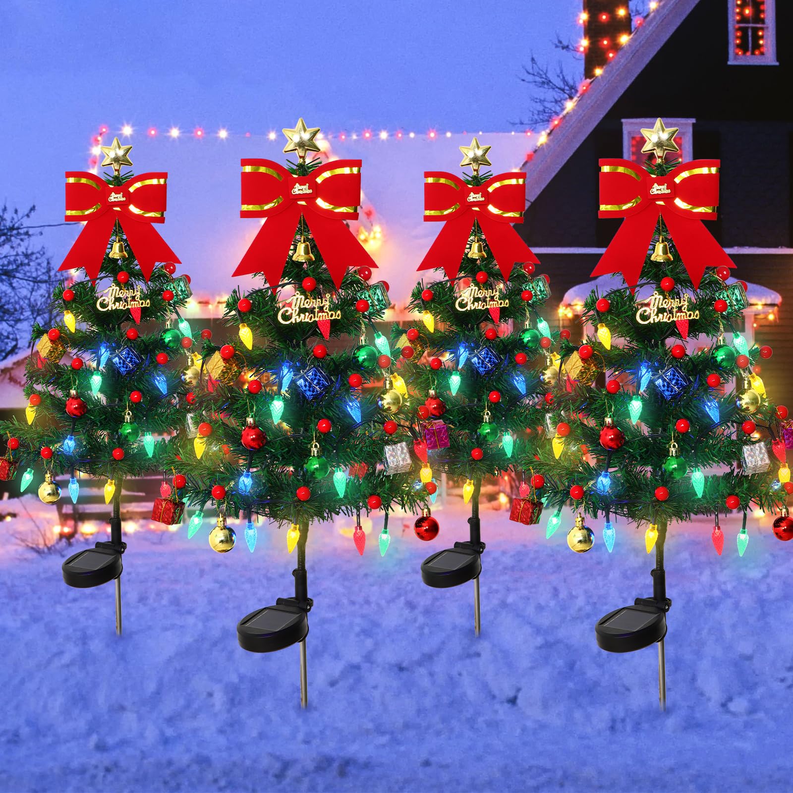 4 Set Solar Christmas Tree Solar Christmas Lights Outdoor with LED Waterproof Pathway Light Solars Xmas Lights Decorations with 80 Strawberry Lights Xmas Tree Stake Light Garden Lawn Patio Decor