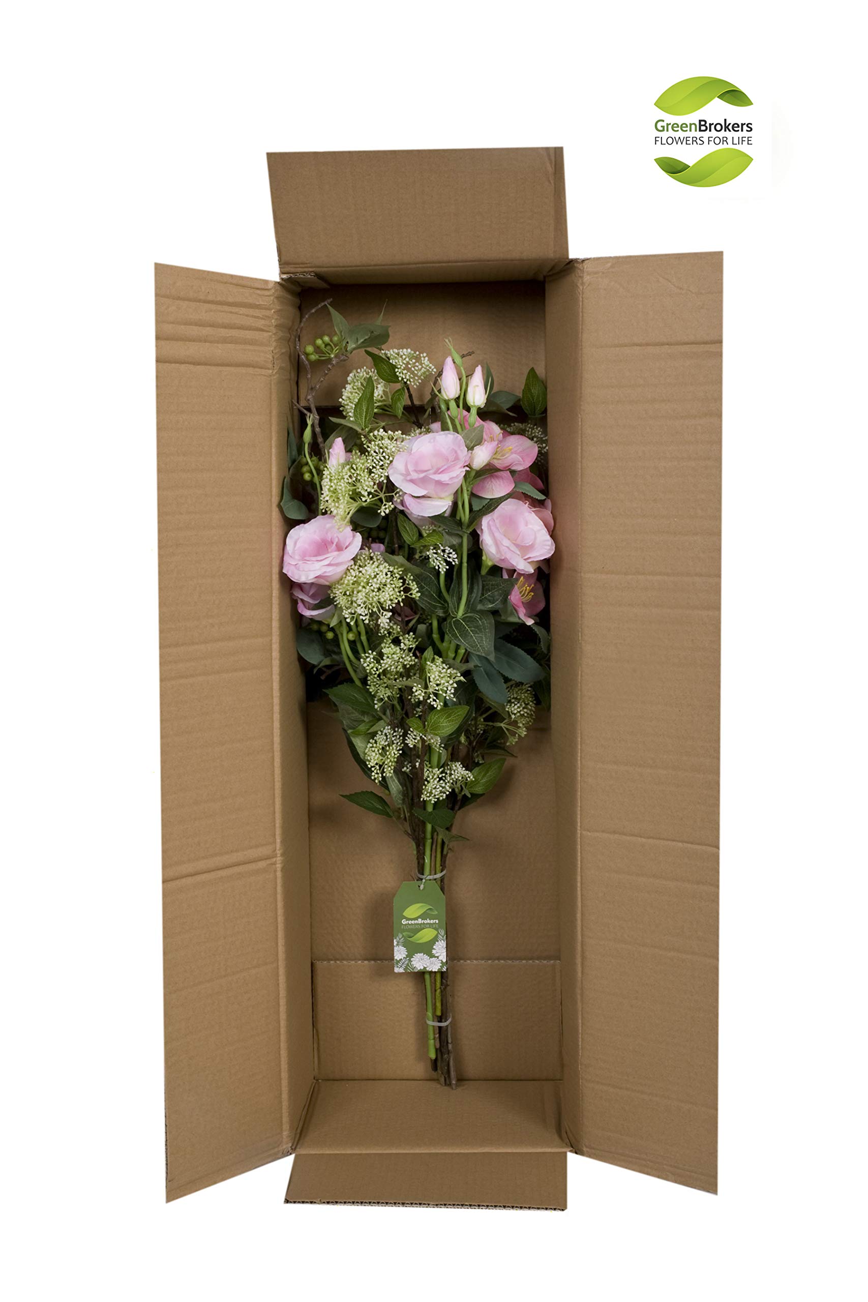 GreenBrokers Bouquet Artificiel Rose de qualité supérieure emballé dans Un Cadeau - 12 pièces d'arrangement Floral avec des Roses, des Hellebores, des Baies et de la Verdure