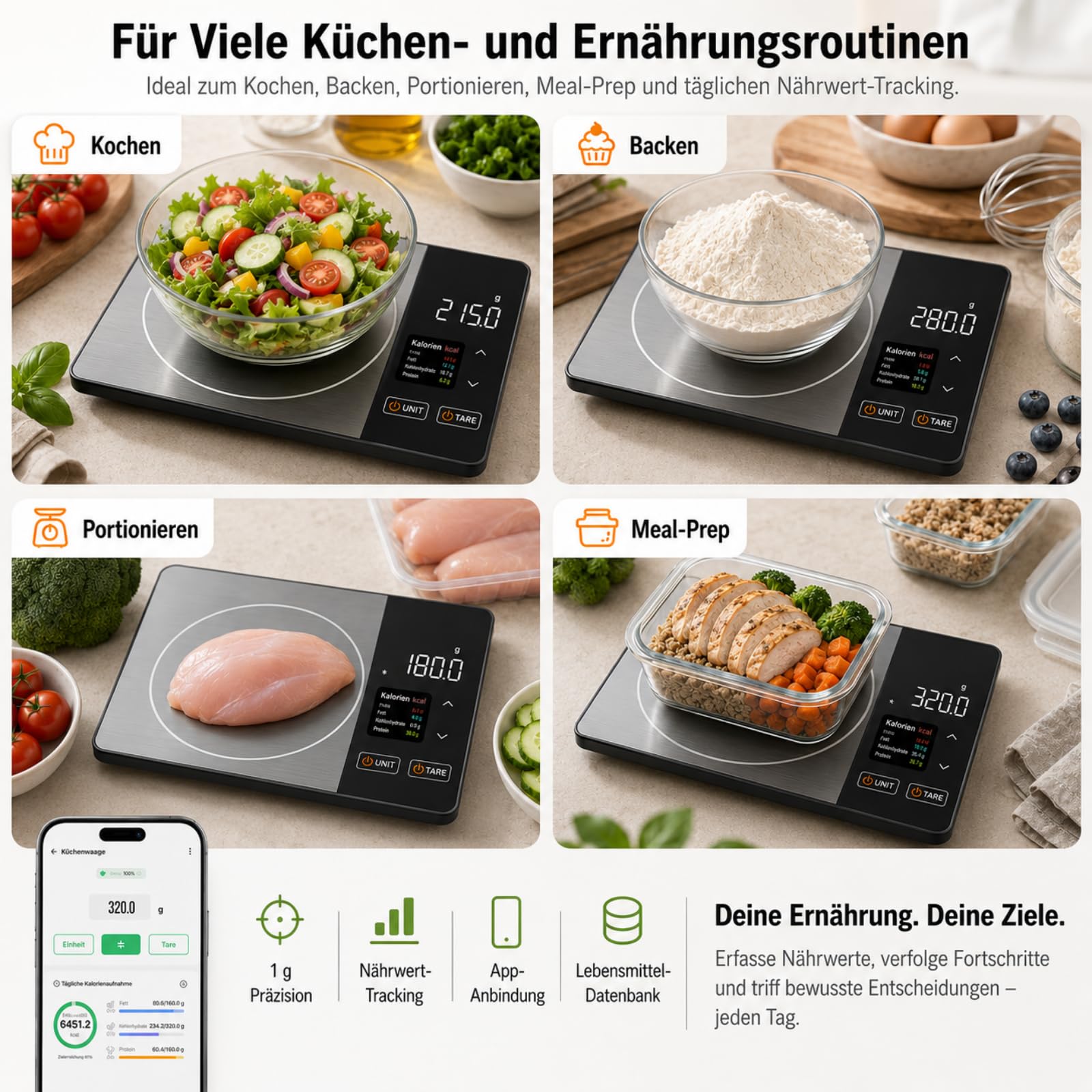 Smartvita Küchenwaage Kalorienwaage, Kompakte Küchenwaage mit Kalorienzähler Bluetooth App Für Küche Haushalt Diät