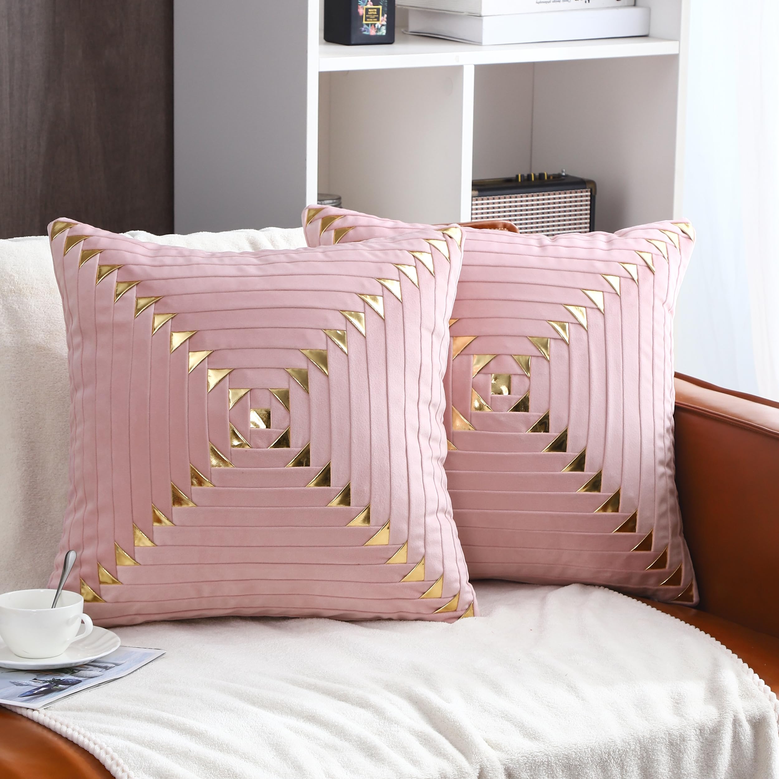 Tosleo Set of 2 Gold Throw Pillow Covers Soft Valentine's Day Decorative Luxury Velvet Cushion Covers Pillow Cases with Gold Leather for Sofa Bedroom Livingroom Car, 18 x 18 inch, Pink