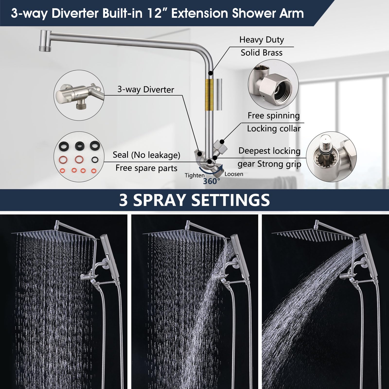 PDPBath Cabezal de ducha de lluvia de metal de 12 pulgadas con combo de rociador de mano, cabezal de ducha de lluvia de alta presión con brazo de extensión ajustable en forma de Z, manguera extra
