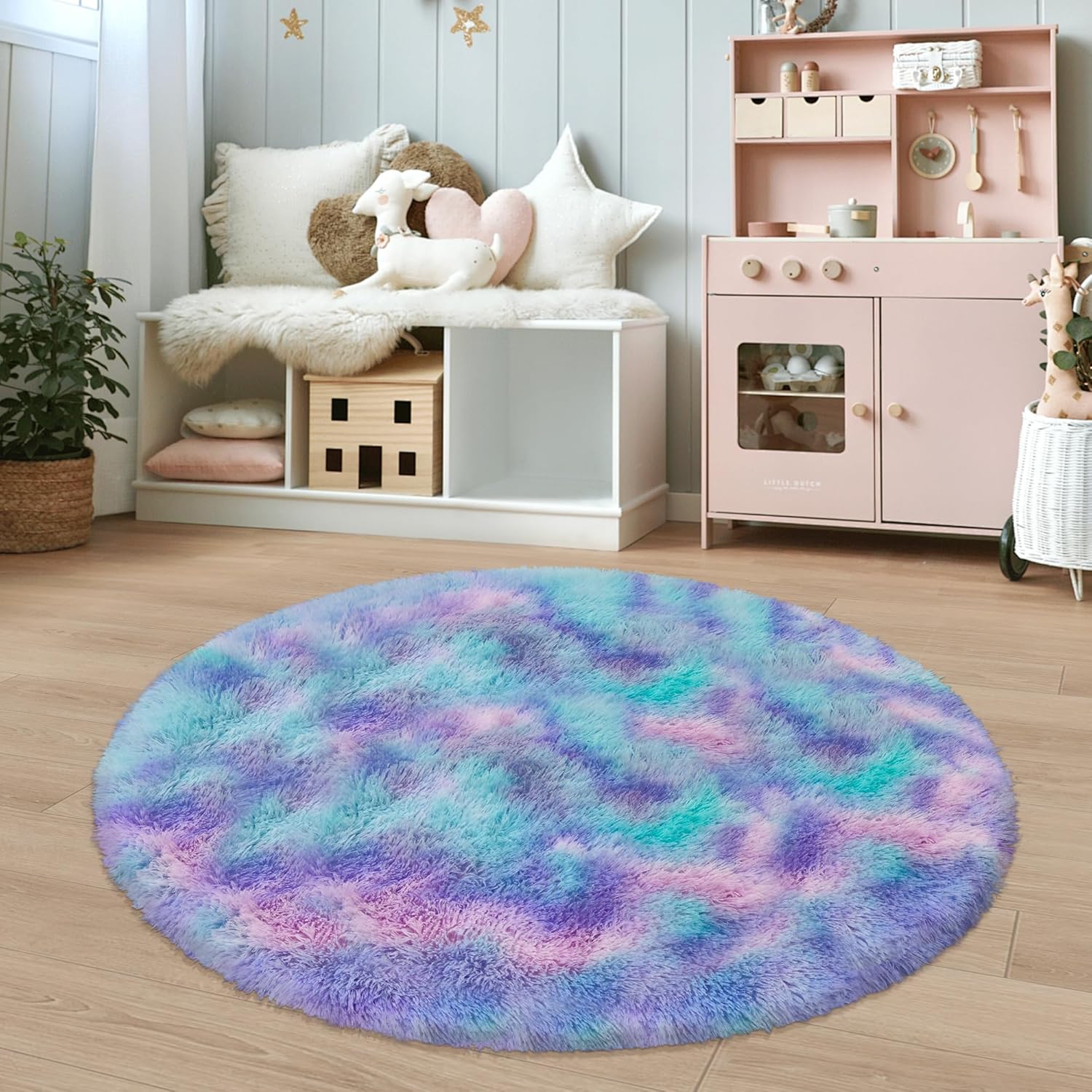 4x4 ft Purple Rainbow Fluffy Round Rug for Girls Bedroom,Colorful Soft Shaggy Circular Area Rug Kids Fuzzy Carpet Furry for Living Room Nursery Dorm Playroom Room Unicorn Decor Reading Nook Mat