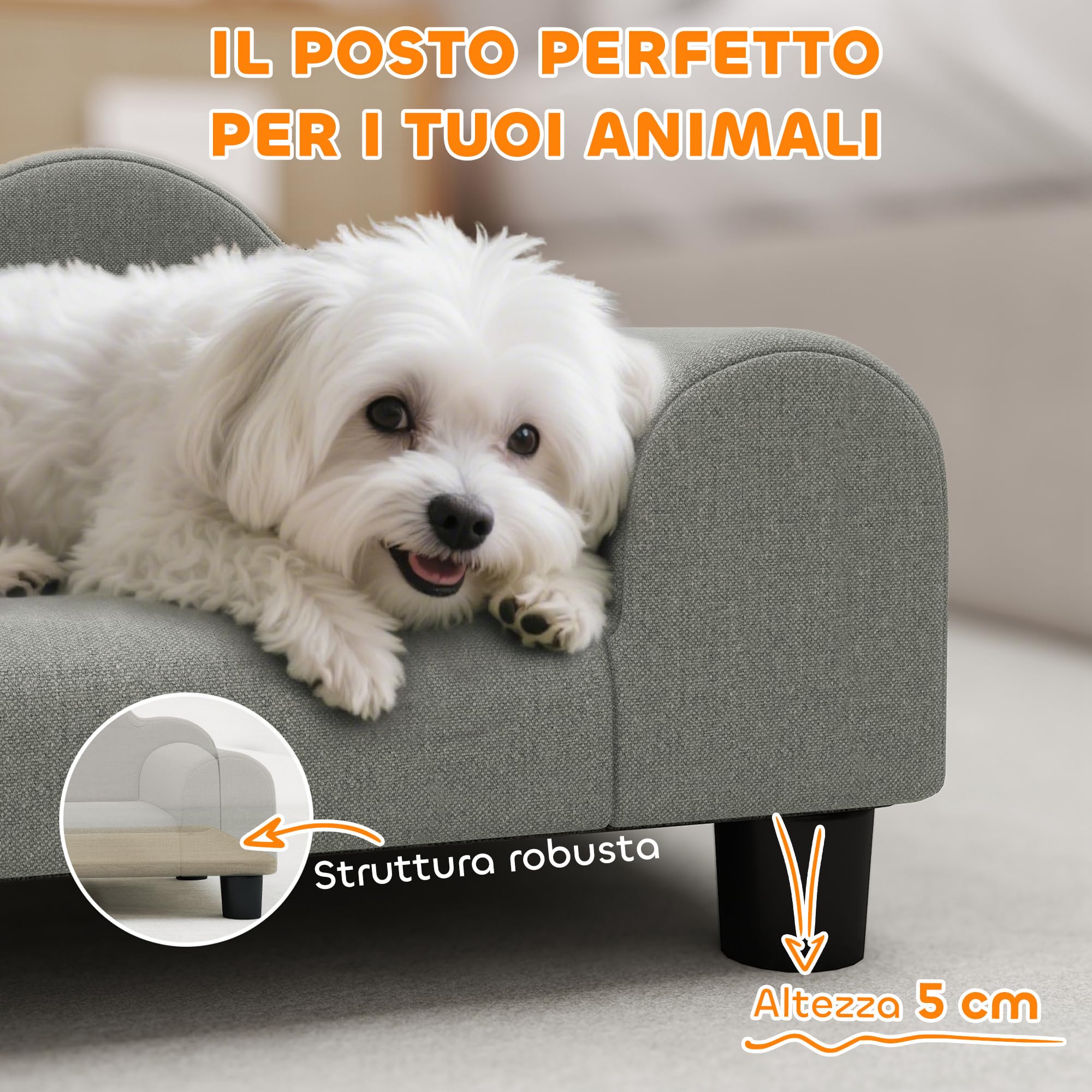 PawHut Divano per Cani Piccoli Morbido con Braccioli di Supporto, Divanetto per Cani in Legno e Tessuto French Terry, 66x42x28.5 cm, Grigio