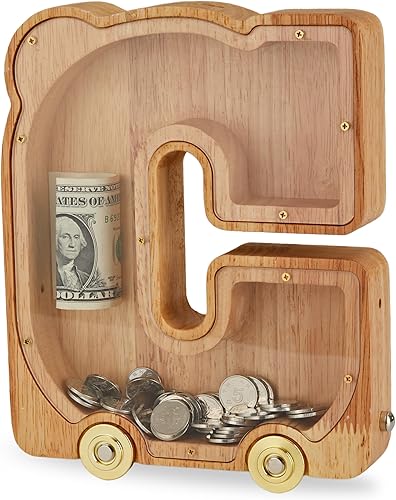 Miniatura 1 de Alcancía grande  Alcancía de madera interconectable, alcancía del alfabeto C con ruedas, para niños, niñas y adultos (Initial-C)