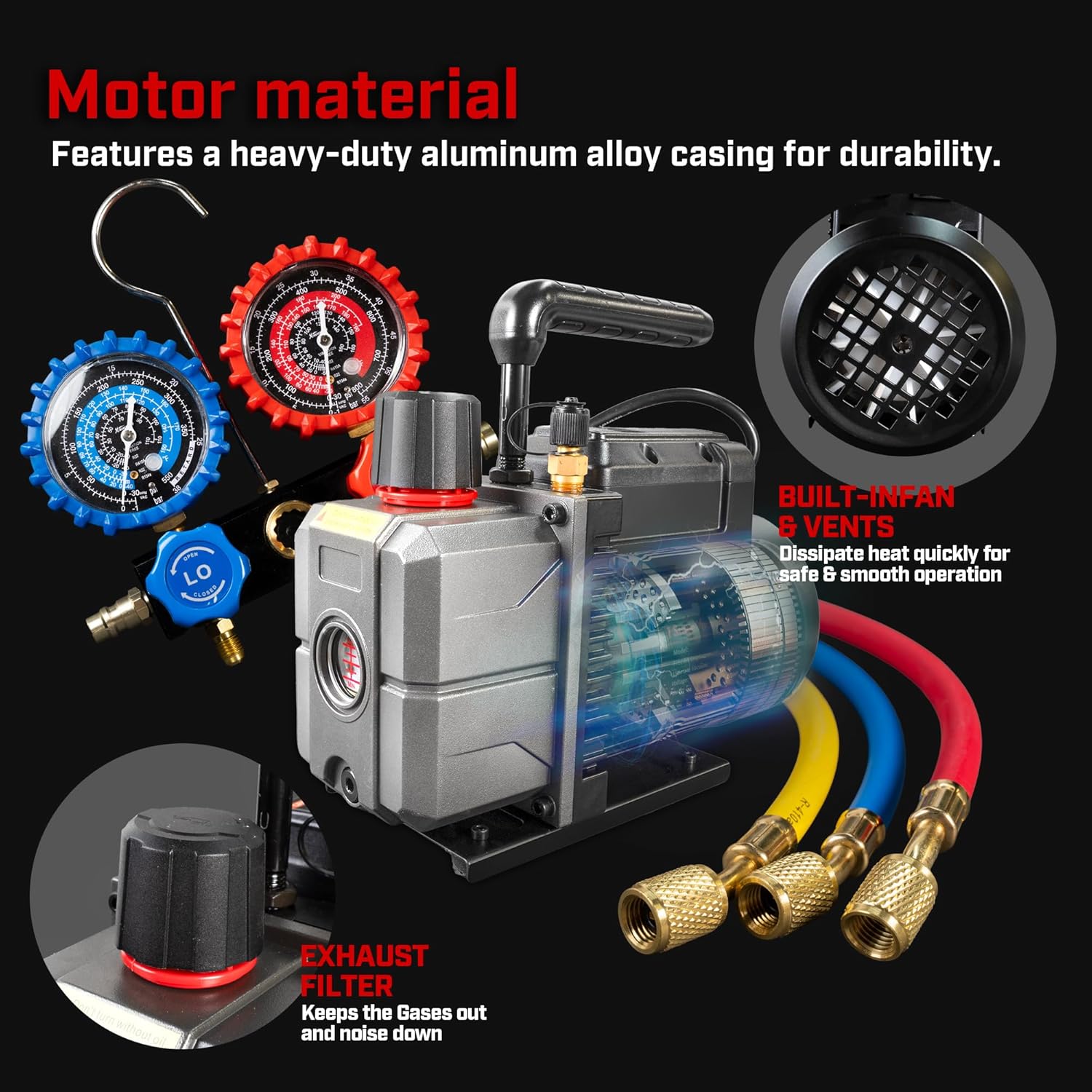 XtremepowerUS 4.5 CFM AC Vacuum Pump & 1/3HP Manifold Gauge Set HVAC Systems Commercial Use Refrigerant Service Kit with Hoses & Can Taps R134, R22, R410a Gauge