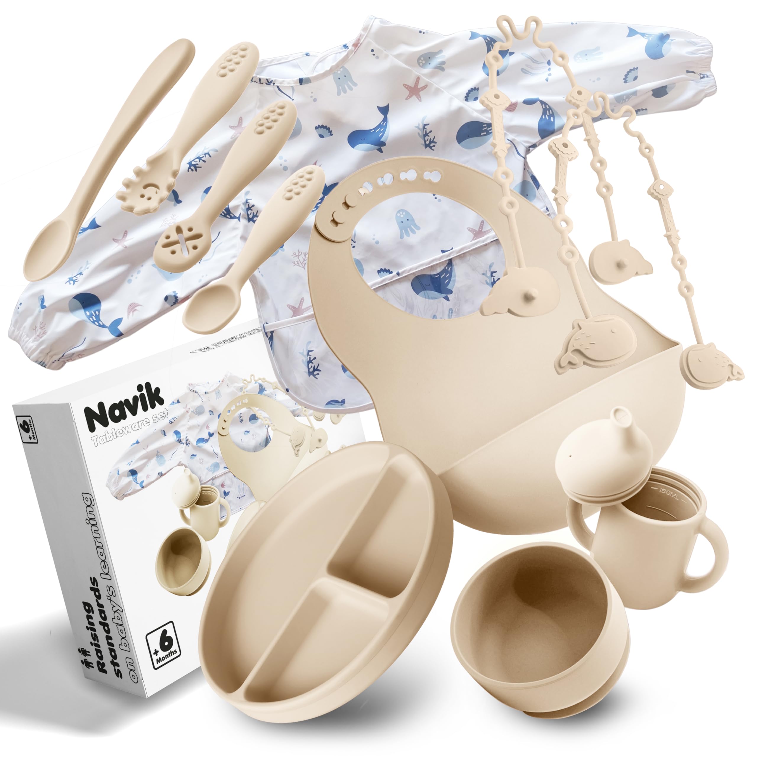 Navik | coffret repas bebe 12 pièces | assiette ventouse pour bébé | tasse apprentissage | bol et cuillere en silicone | Bavoir à manches longues | beige