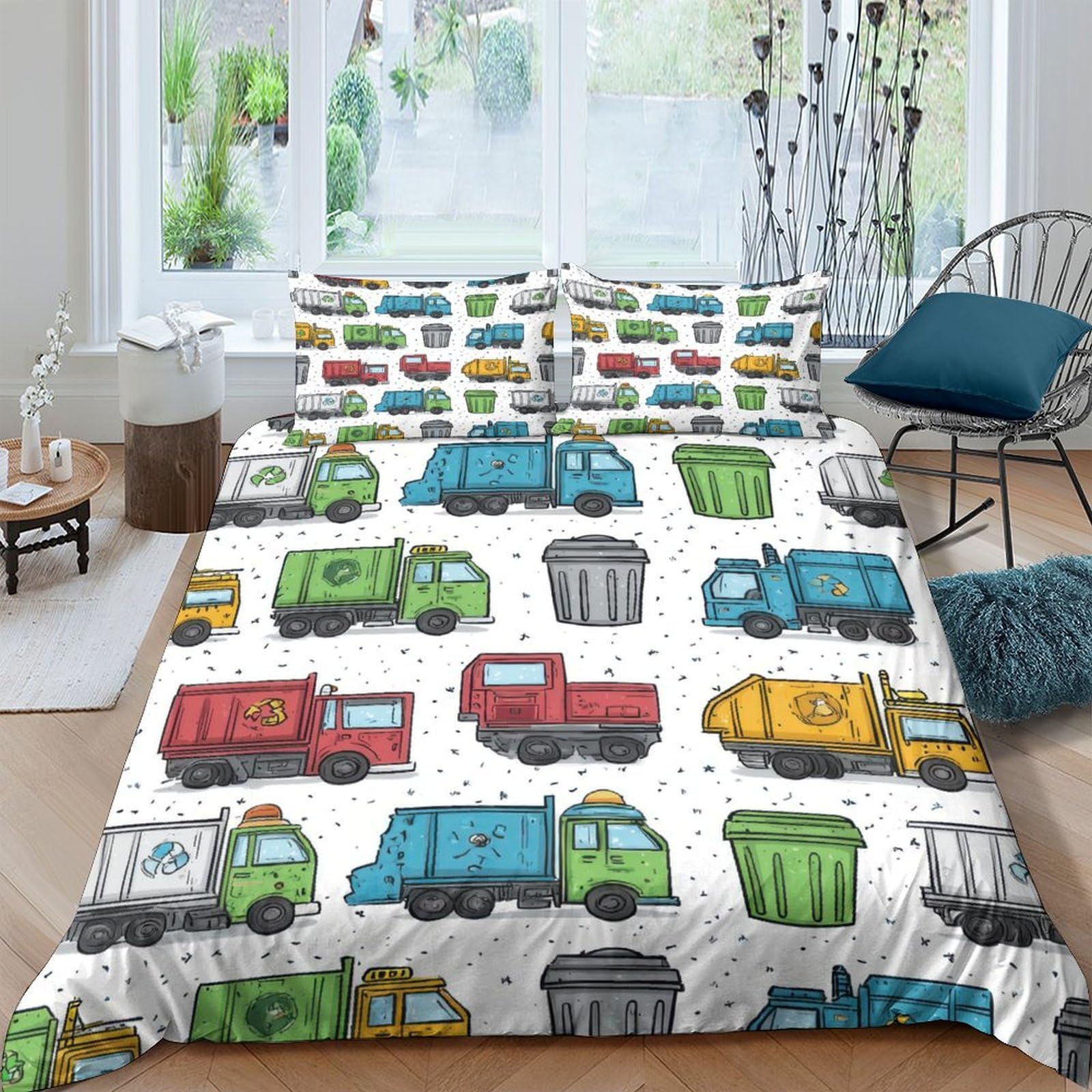 TUFRTGYHN 3D Printed Colourful Garbage Truck Duvet Cover Microfiber Soft Breathable Construction Vehicle Bedding Set with 2 Pillowcases for Bedroom Decor Single（135x200cm）