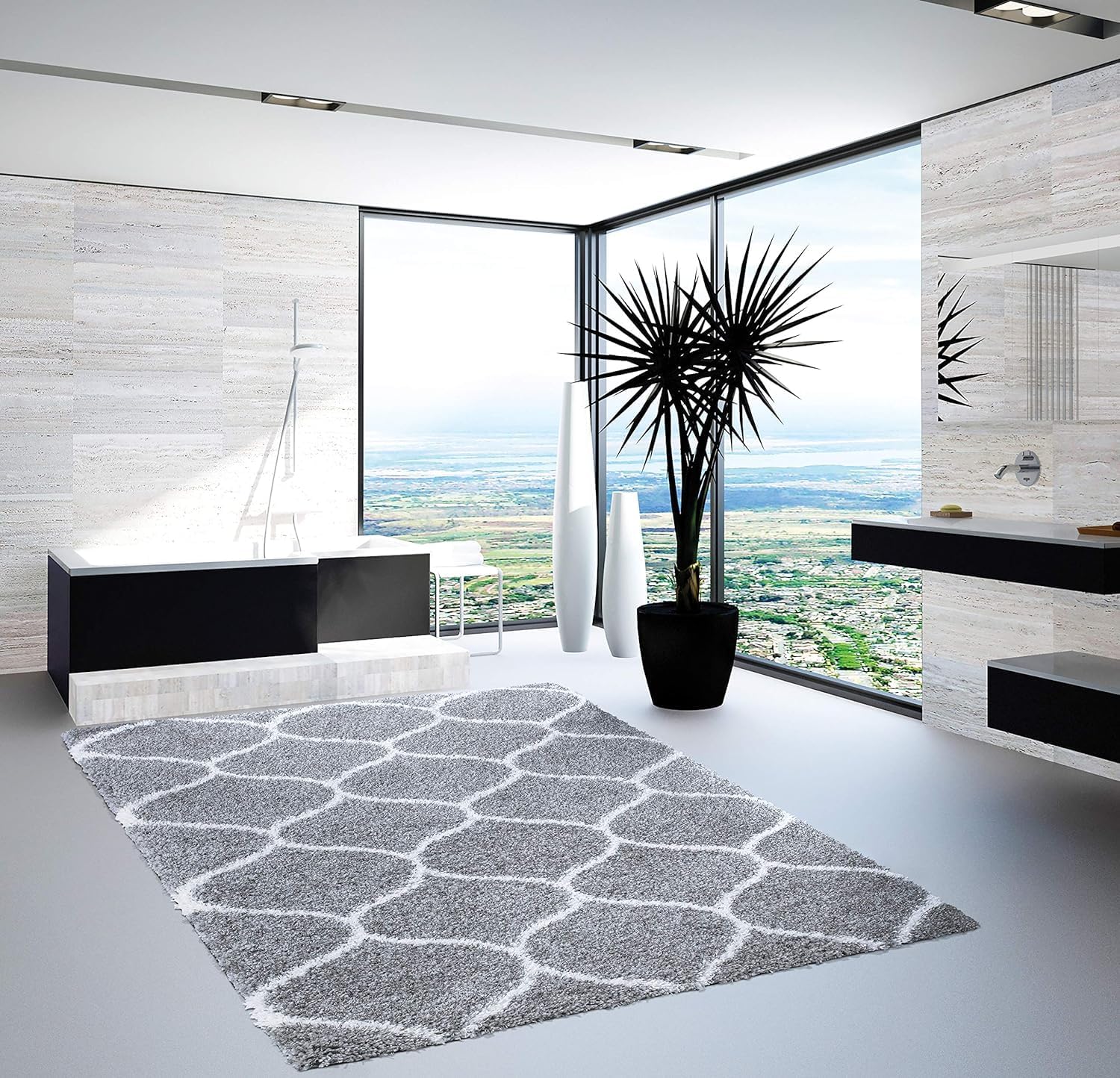 Elegant Comfort Luxury Softest, Shaggy Collection Modern Indoor Area Rugs, Fluffy Living Room Carpets for Children Bedroom Home Décor Nursery Rug, 5' x 7' ft, Quatrefoil Gray/Ivory