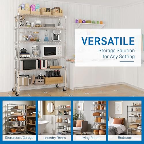 Miniatura 6 de Estantes de almacenamiento resistentes de 6 niveles - Estante de metal con estantes y ganchos ajustables - Estante de alambre comercial con patas