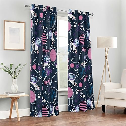 Miniatura 6 de GuoChe Blackout Curtain Cute Unicorns Stars and Planet Pink Bleu Farmhouse Curtains for Window Treatments 84 inches Drapes for Sliding Glass Doors