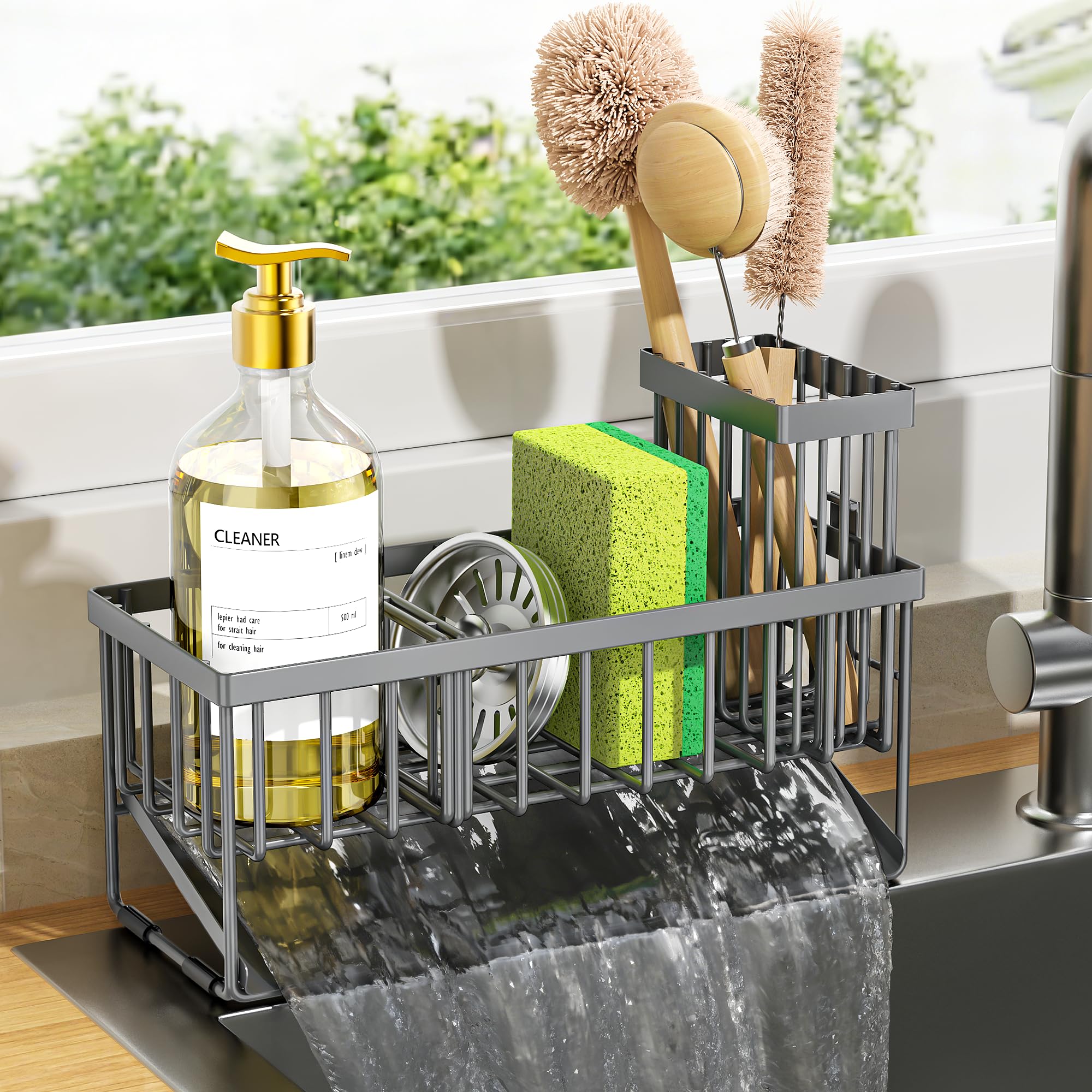 Cisily - Escurridor para fregadero con soporte alto para cepillos, portaesponjas, acero inoxidable 304 antióxido, con dispensador de jabón, decoración y accesorios de cocina en gris oscuro