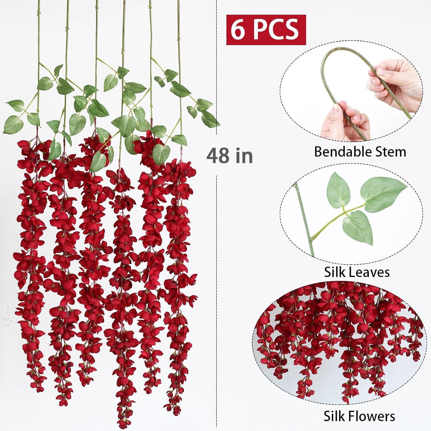 mizii 6Pcs Burgundy Wisteria Hanging Flowers 48" Silk Wisteria Artificial Flowers Garland Vines Fake Hanging Flowers Decoration for Wedding Flower Wall Backdrop Centerpieces Room Decor (Burgundy) - Image 2