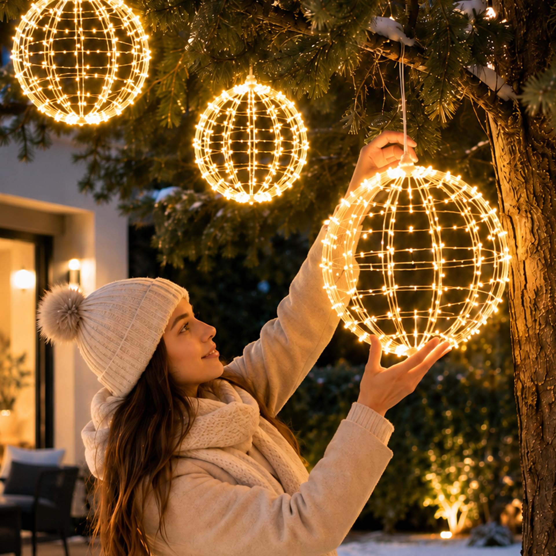Set di 3 Sfere LED Natalizie 3D da Appendere, Ø 30 cm, Luce Bianco Caldo, a Batteria con Timer 8 Ore, IP44 per Interni ed Esterni, Decorazioni di Natale per Casa e Giardino