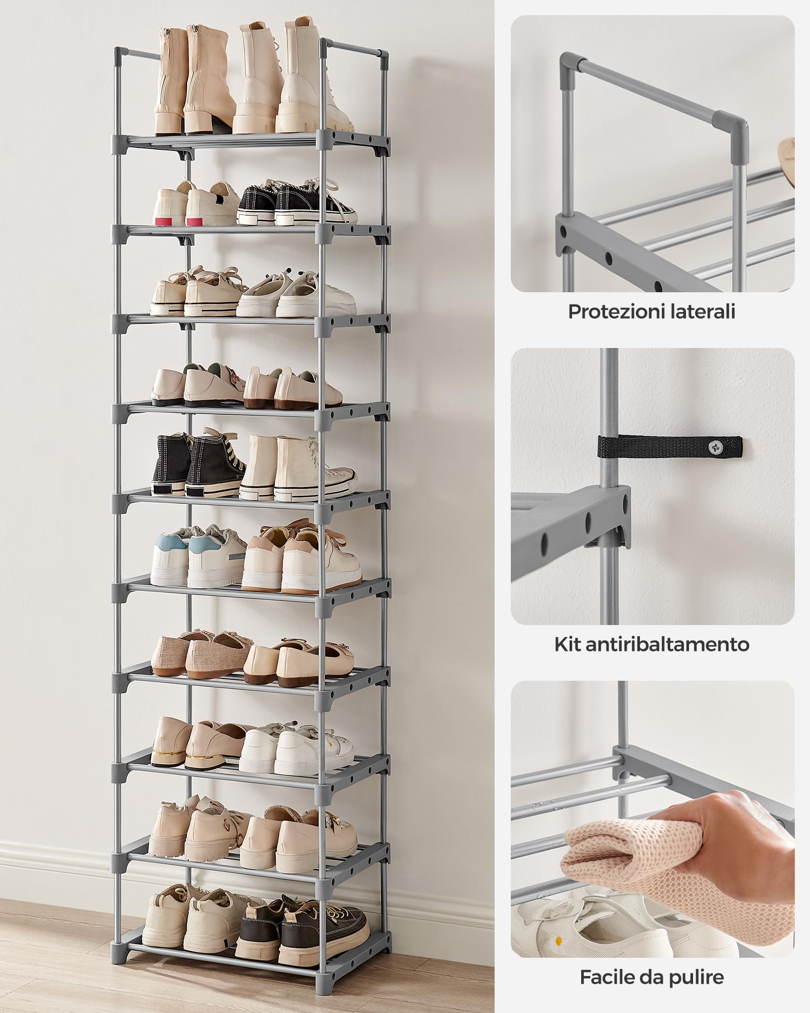 SONGMICS Scarpiera a 10 Ripiani Grande, Scaffale Portascarpe in Metallo, Fai da Te, Scaffale Salvaspazio e Versatile per Ingresso Soggiorno Camera da Letto Cucina, 45 x 30 x 174 cm, Grigio LSA025G02