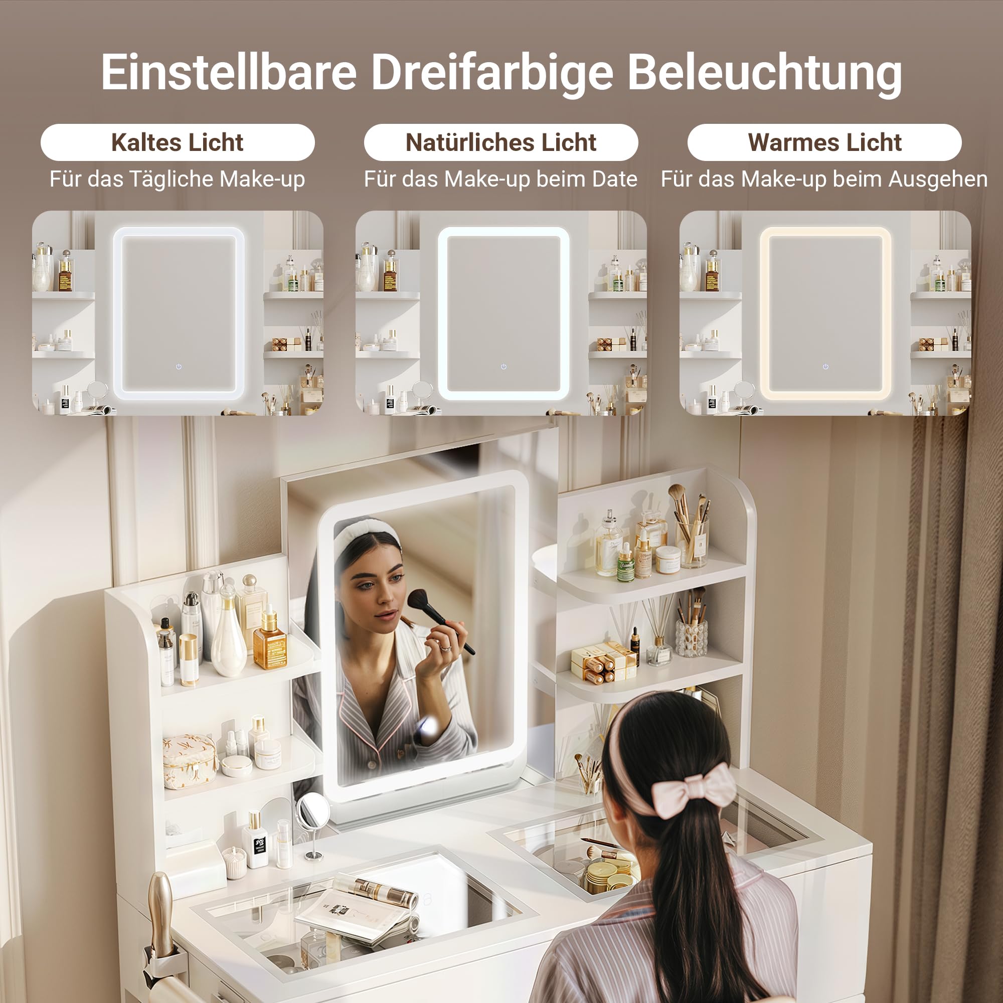 Claiks Hocker Schminktisch mit Stauraum, Schminkhocker Leinen, Sitzhocker gepolstert, Make-up Hocker für Schminktisch, Ankleidezimmer, Schlafzimmer, Weiß