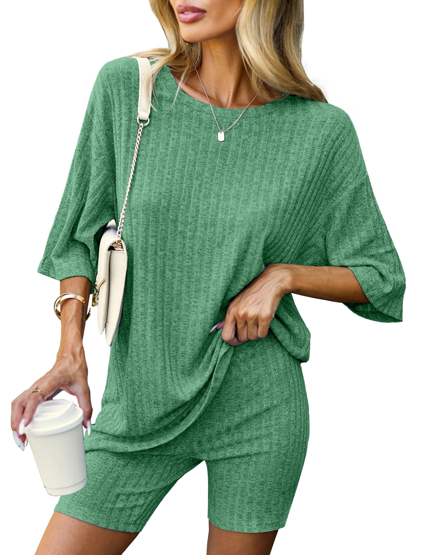 Ekouaer Pajamas 2 Piece Lounge Sets Ribbed Knit Matching Outfits T-shirt Biker Shorts Sleepwear Loungewear Sweatsuits