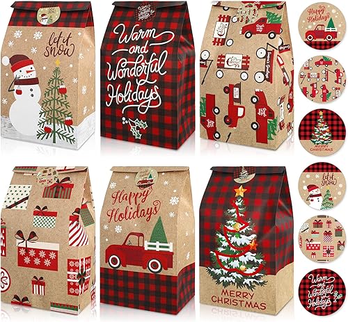 Whaline Bolsas de recuerdo de fiesta de Navidad bolsas rústicas de Navidad a cuadros bolsas de regalo para árbol de Navidad camión muñeco de nieve