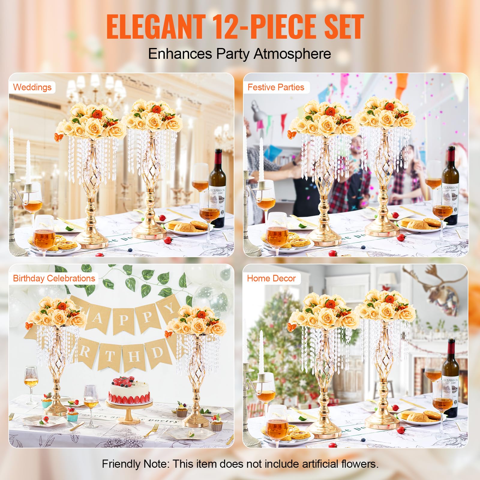 VEVOR 12 STK 49 cm hoher Blumenständer aus Kristallglas für Hochzeiten, Metallvase für Hochzeitsmittelstücke, goldene Blumenhalter, Blumenständer für Tische, Hochzeitsessen, Partys