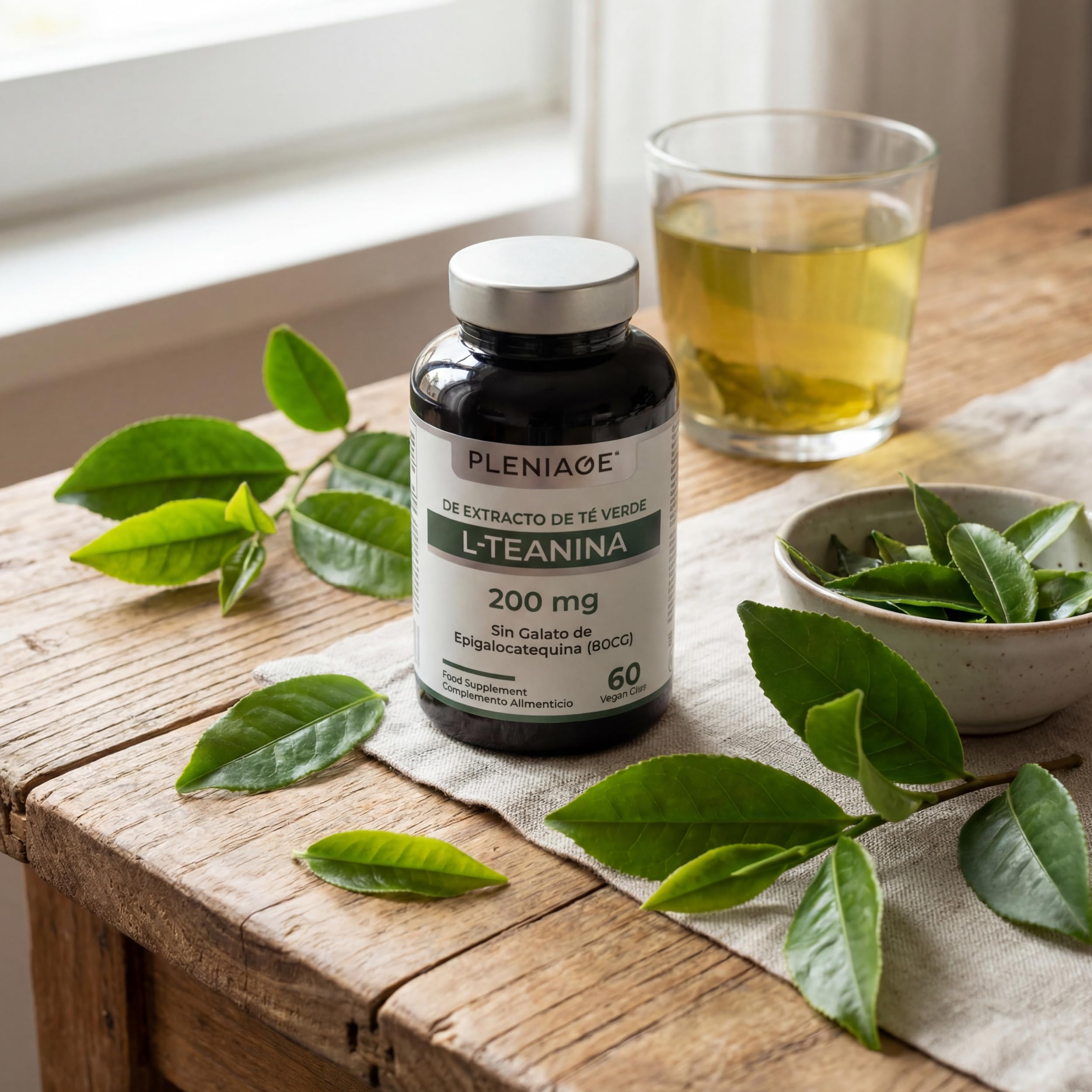 L-Teanina 200mg | Sin Cafeína ni EGCG | 60 Cápsulas | Extracto de té verde (Camellia sinensis). Foco sin somnolencia. Vegano, sin gluten. Clean Label. Fabricado en España.