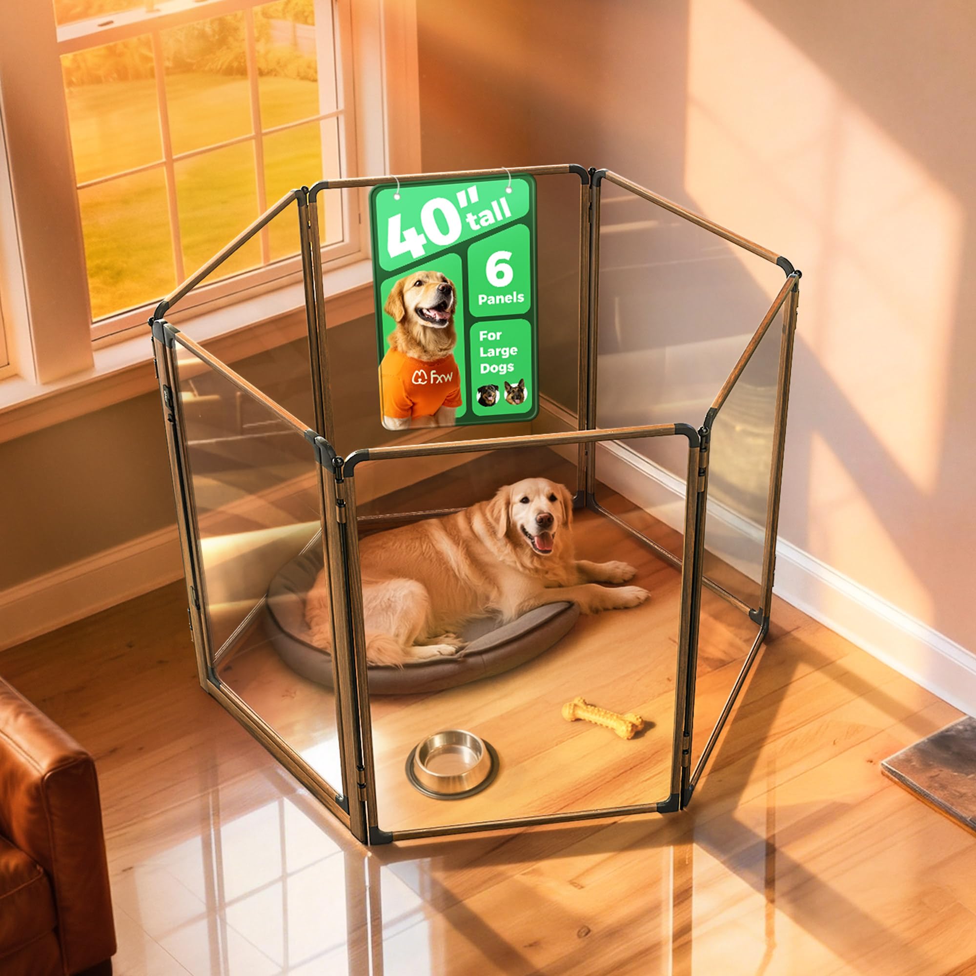 FXW AuraSpace Pro Clear Acrylic Indoor Dog Playpen, 40" H, 6 Panels