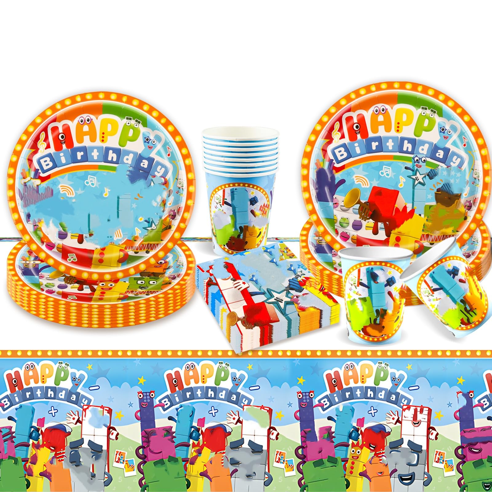 61PCS Party Tableware Set Kids, Building Blocks Party Decorations Includes Plates, Cups, Napkins Tablecloth, Cartoon Birthday Supplies Disposable Dinnerware for 20 Person