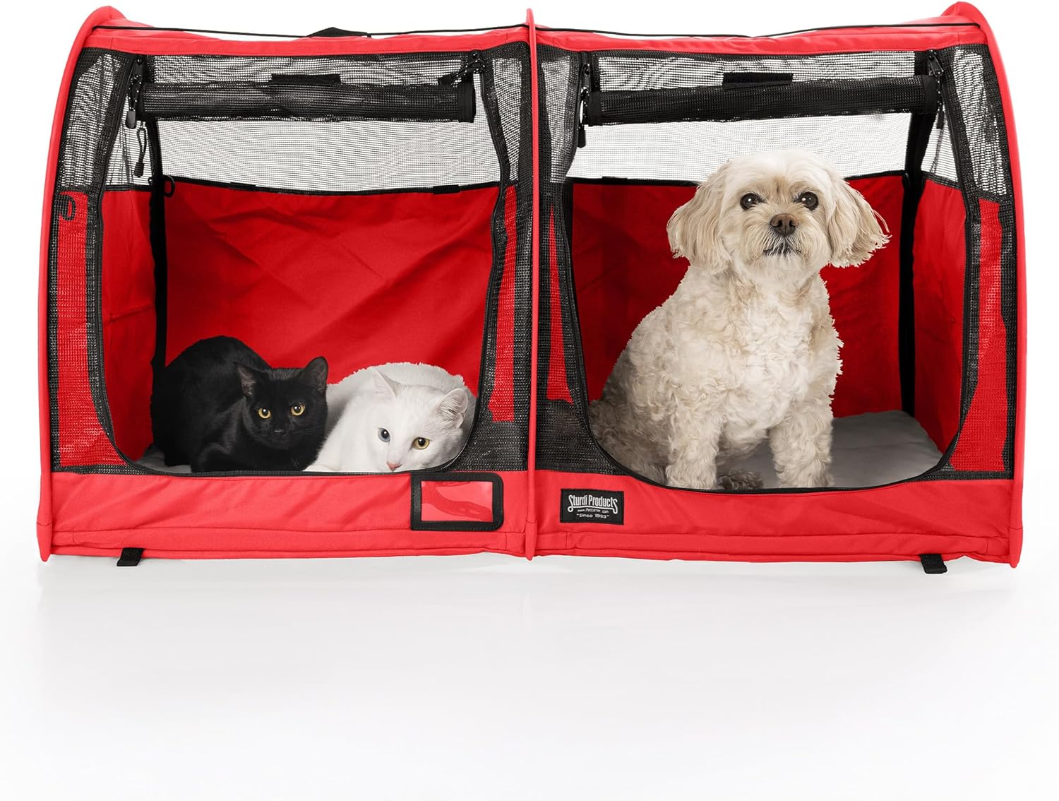STURDI Pop-Up Kennel Show Shelter Pet Travel Carrier for Cats and Dogs, Double Compartment | Mesh Doors, Red