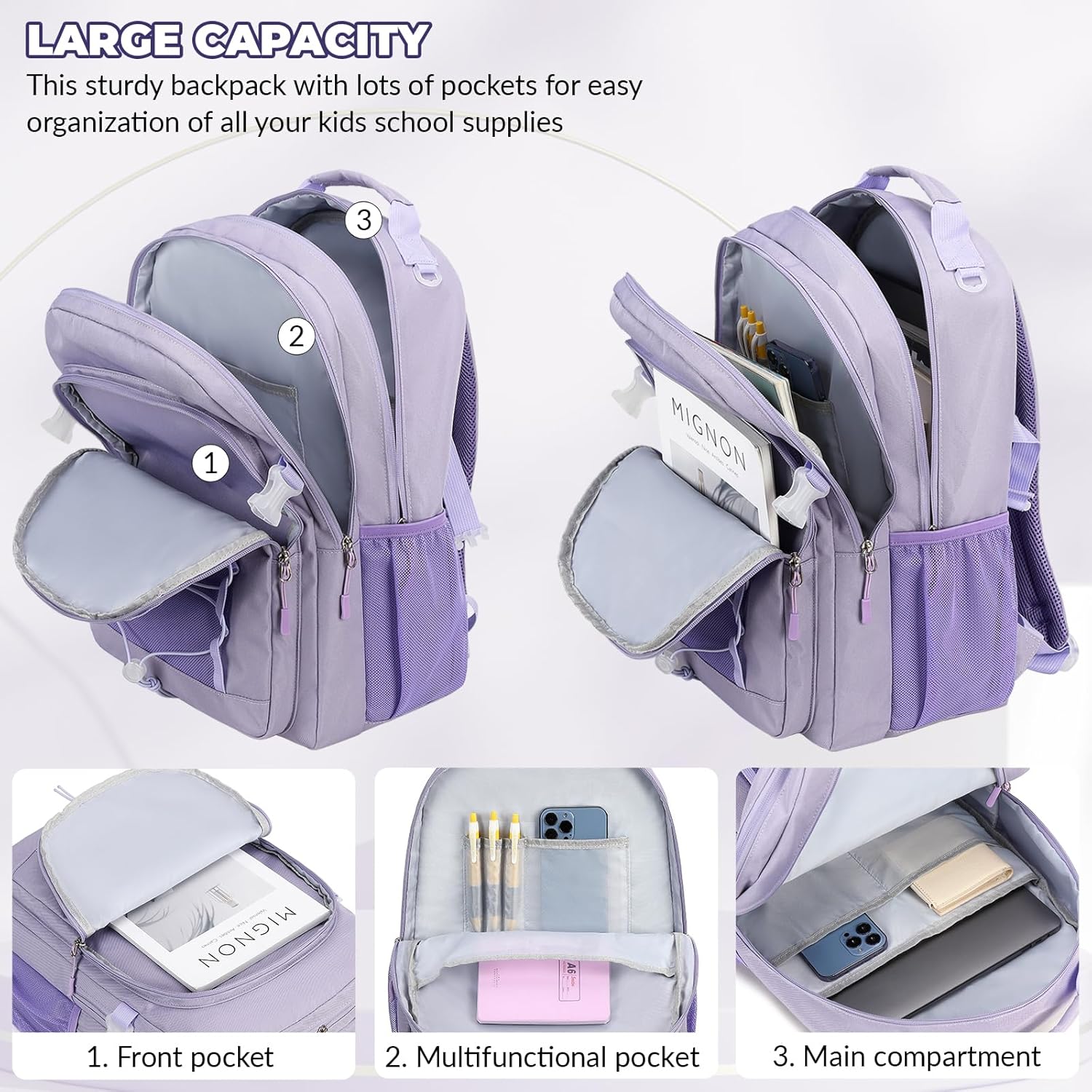 Lanola Kids Backpack for Girls Elementary Primary Middle School Bags for Teens Bookbags Sturdy Durable Travel for Women - Purple - Image 5