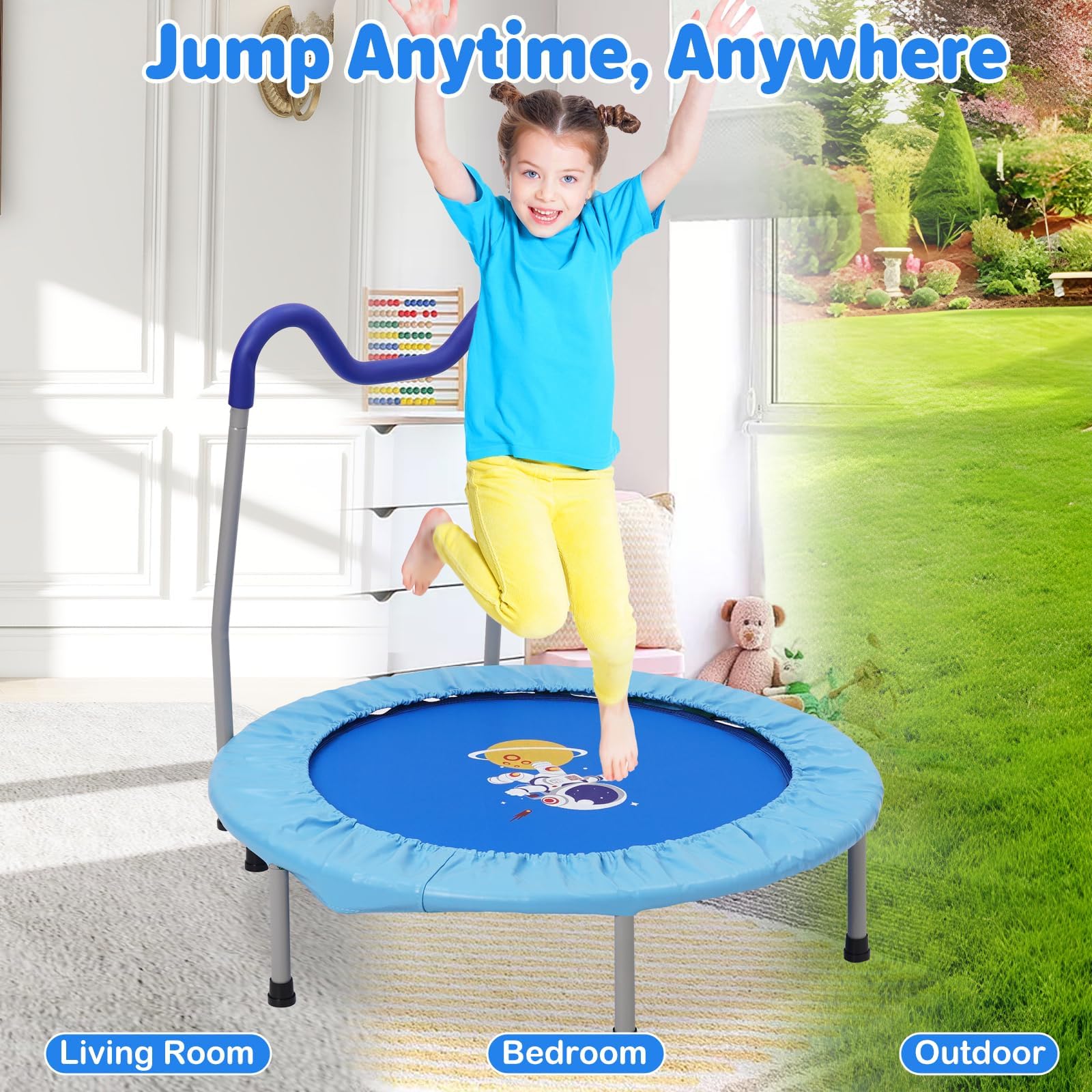36" Trampolin Kinder mit Verstellbarer Abnehmbarer Griff und Sicherem Polster,bis 60 KG,Fitness Trampolin Faltbar,Indoor/Outdoor für Kinder von 3-6 Jahren,Blau
