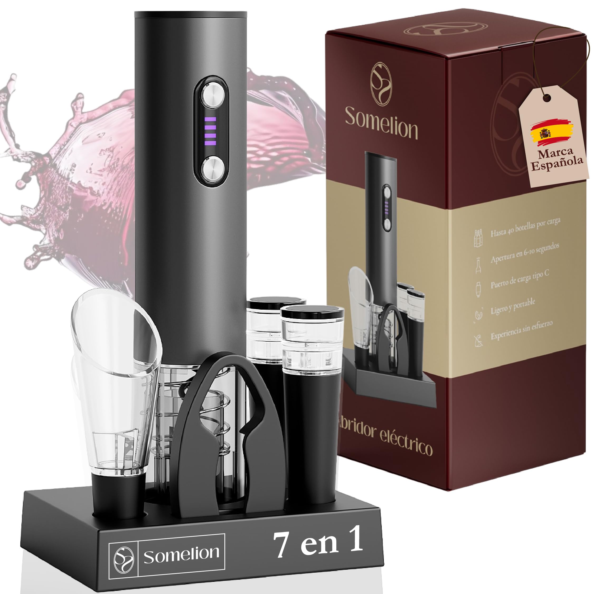 Abridor Electrico de Vino con Pantalla de Bateria Set 7 en 1 con Base Accesorios Vacio Vertedor Carga UsbC Apertura Rapida 6 A 10 Segundos Regalo Ideal Portatil Facil de Usar Diseño Premium en Español