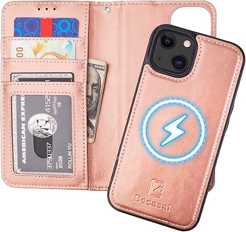 Miniatura 10 de Bocasal Funda tipo cartera desmontable para iPhone 13 con bloqueo RFID, ranuras para tarjetas, soporte de piel sintética de alta calidad, soporte
