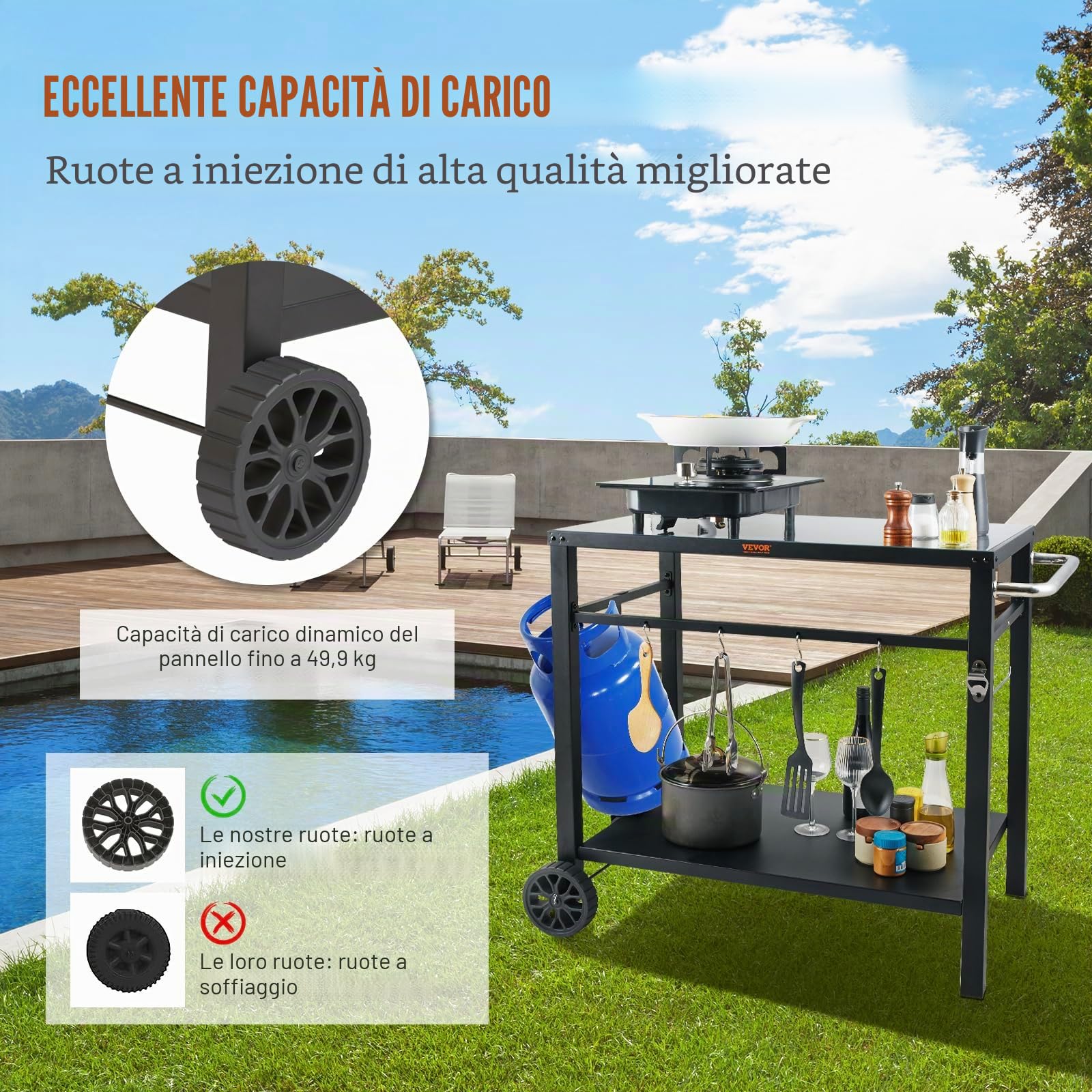 VEVOR Carrello da Pranzo per BBQ da Esterno con Doppio Ripiano, Tavolo Mobile Preparazione degli Alimenti per Barbecue, Piano Multifunzionale in Ferro Pieghevole, Carrelli da Esterno 1000x640x835mm