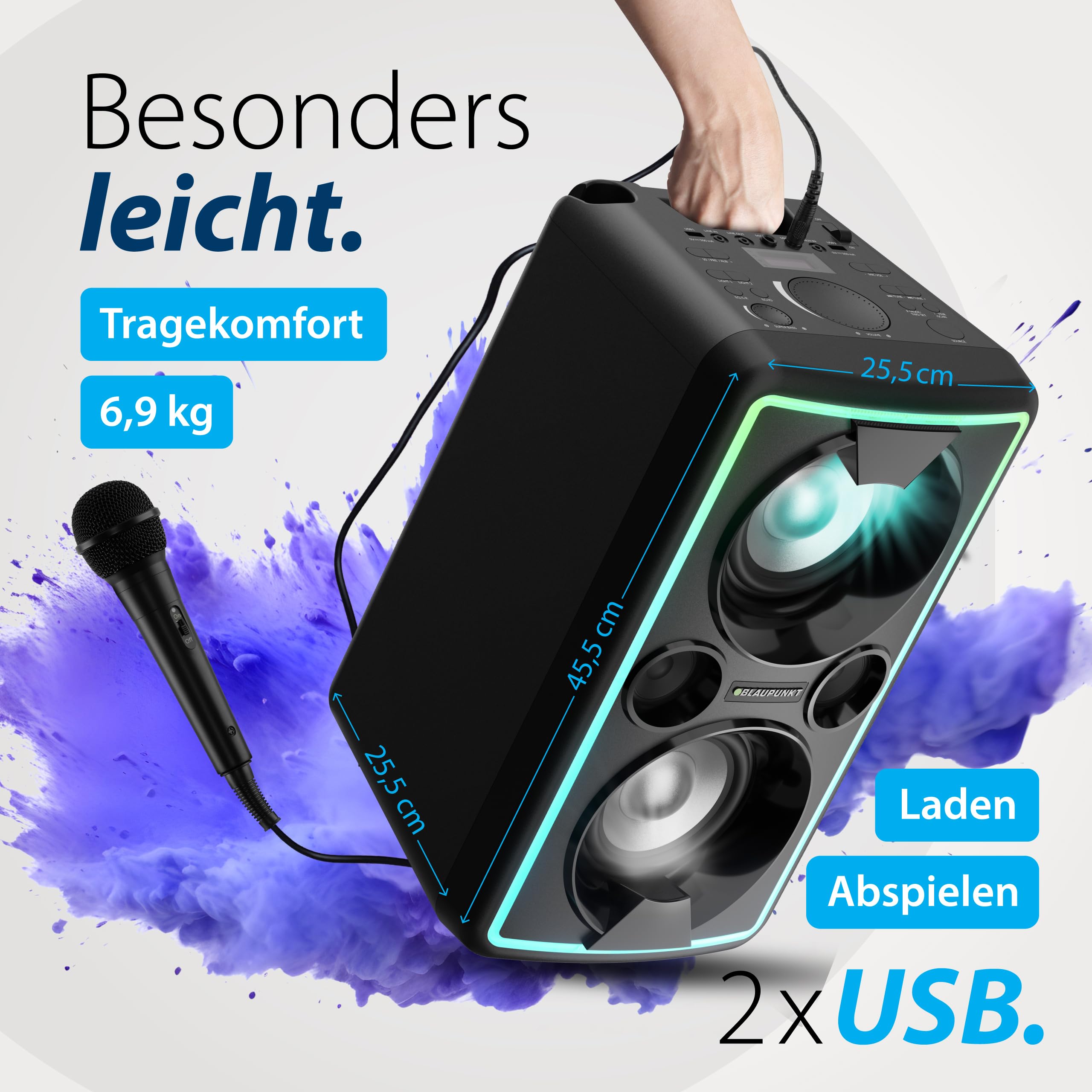 BLAUPUNKT PS 2000 Mobile PA Sound Anlage Bluetooth Soundsystem mit Akku, Lichteffekten, Equalizer, Radio, Mikrofon, 2 x 25 Watt RMS