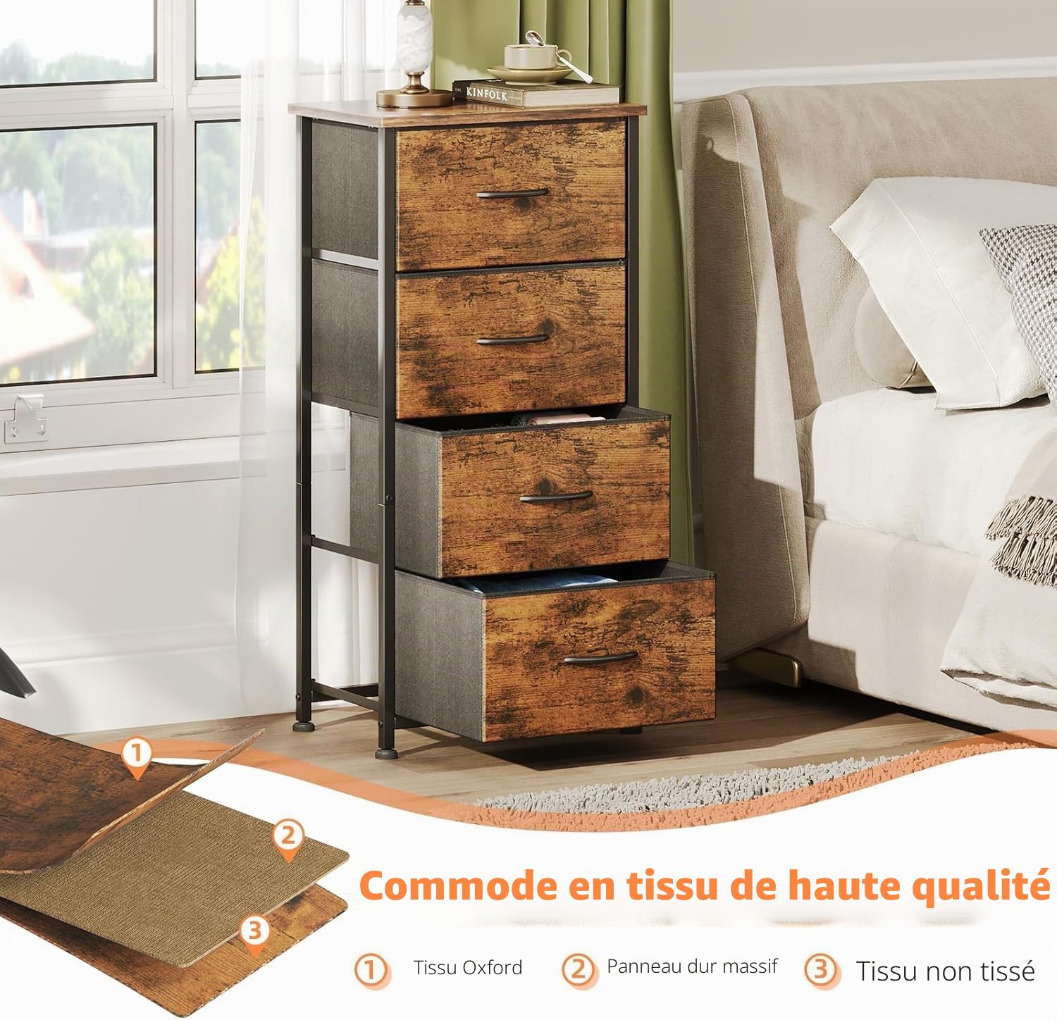 CAIYUN Commode 4 Tiroirs, Meuble de Rangement à Tiroirs en Tissu, pour Chambre à Coucher, Couloir, Entrée, Salon, Cadre en Métal, Plateau Bois, Marron